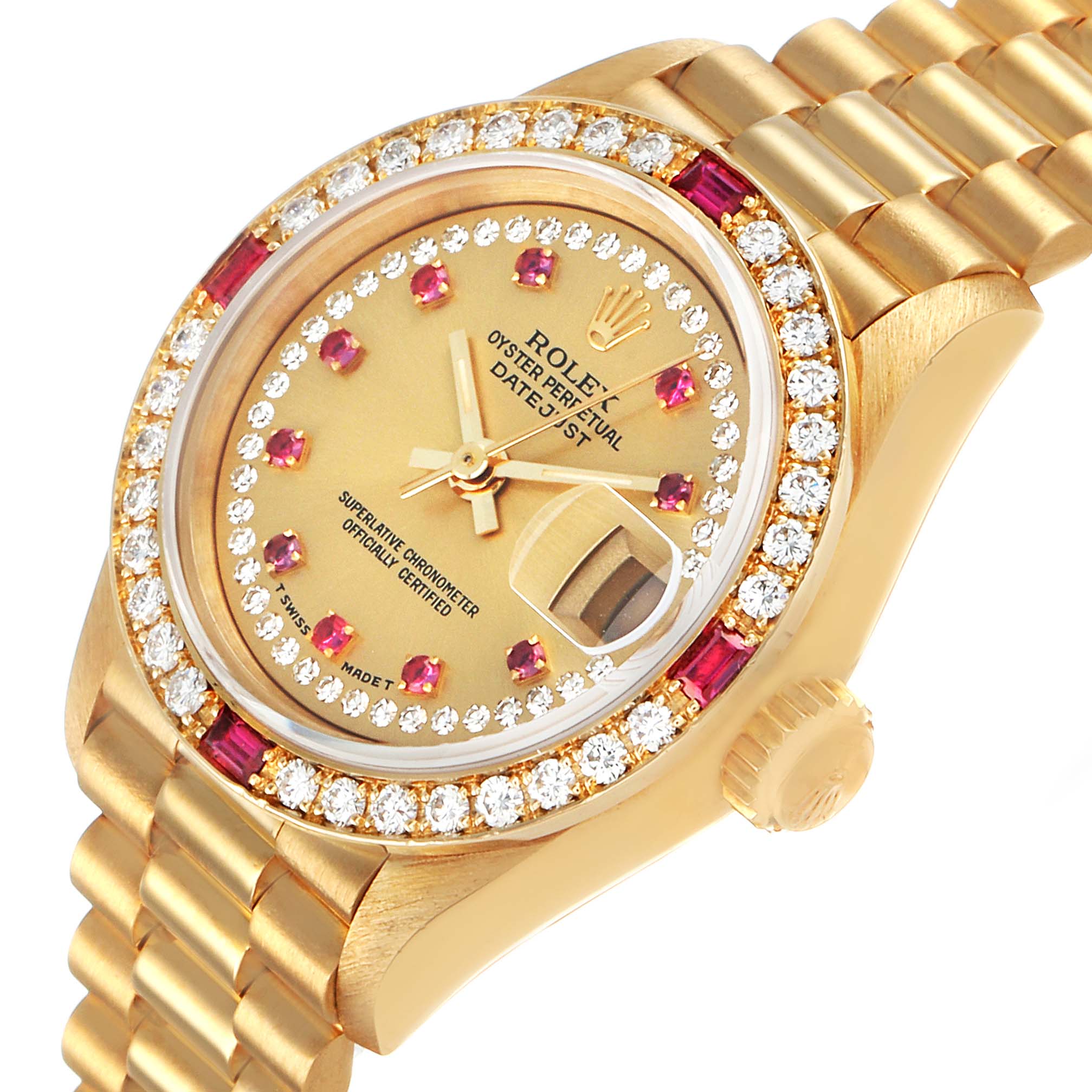 The Rolex President 69068 Women's Yellow Gold Champagne Dial watch is shown at an angle highlighting the gold dial, diamond bezel, and bracelet.