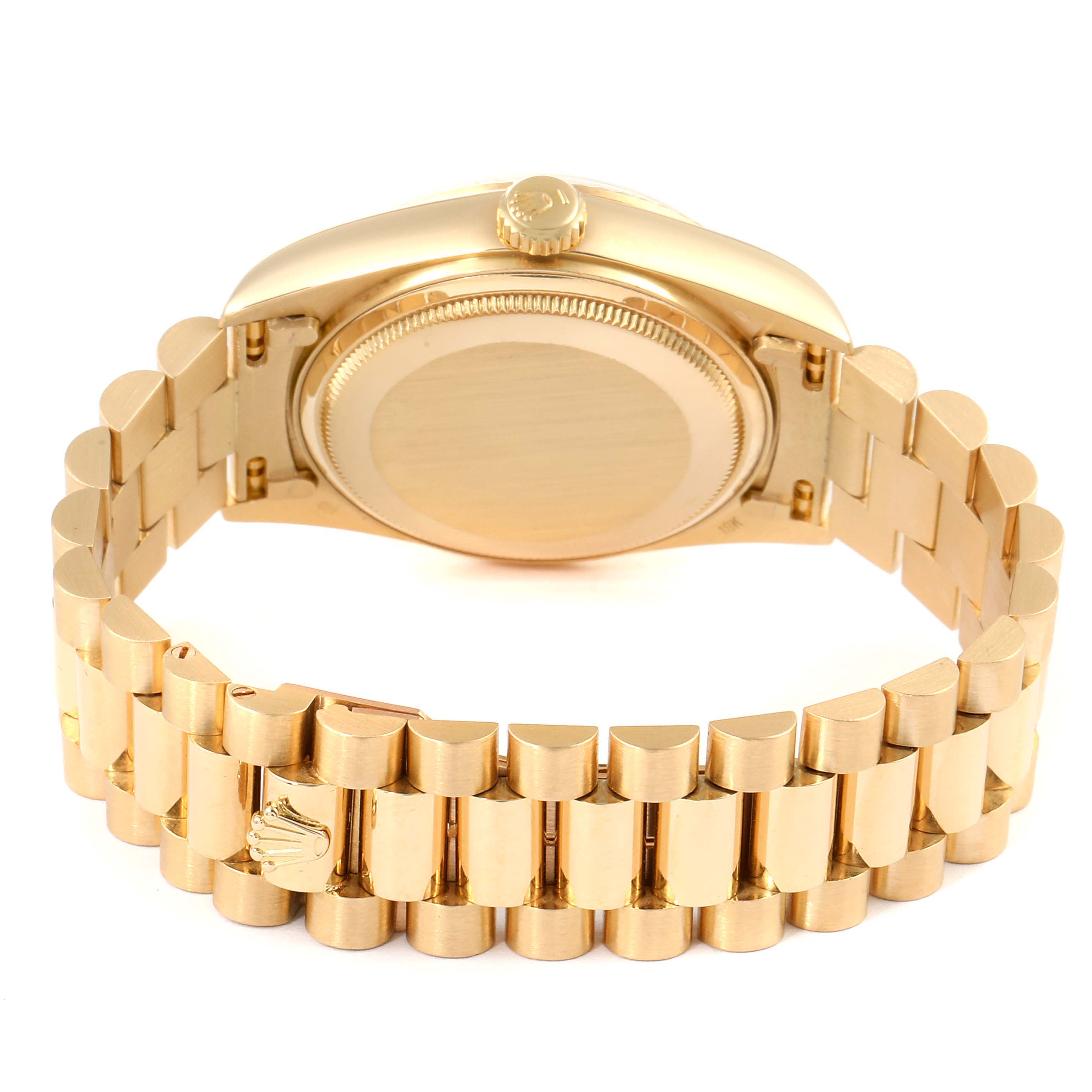 This image shows the back view and bracelet of the Rolex President 18038 Men's Yellow Gold Champagne Dial 18038 Men's Yellow Gold Champagne Dial model watch.