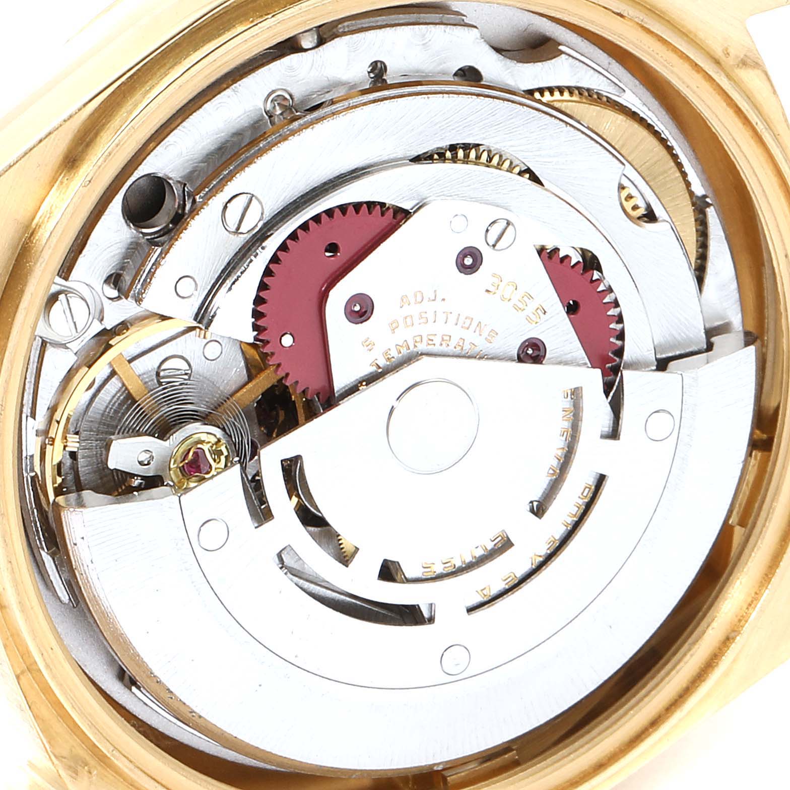 This image shows the internal mechanical movement of the Rolex President 18038 Men's Yellow Gold Champagne Dial 18038 Men's Yellow Gold Champagne Dial model watch from an inside, top-down angle.