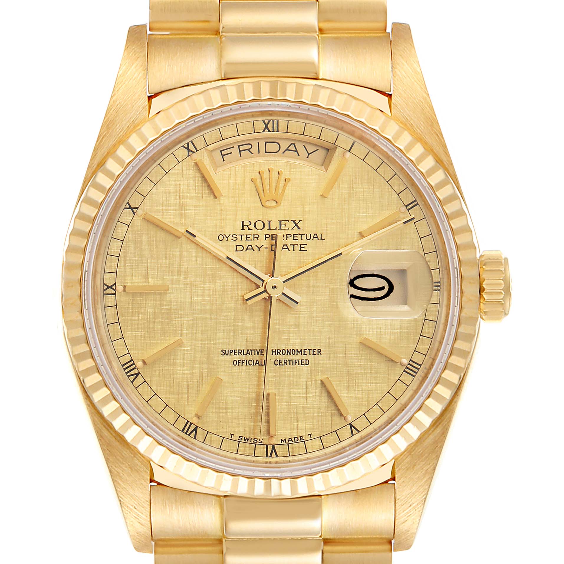 This is a frontal view of a Rolex President 18038 Men's Yellow Gold Champagne Dial 18038 Men's Yellow Gold Champagne Dial model watch, showcasing the dial, day-date function, and bracelet.