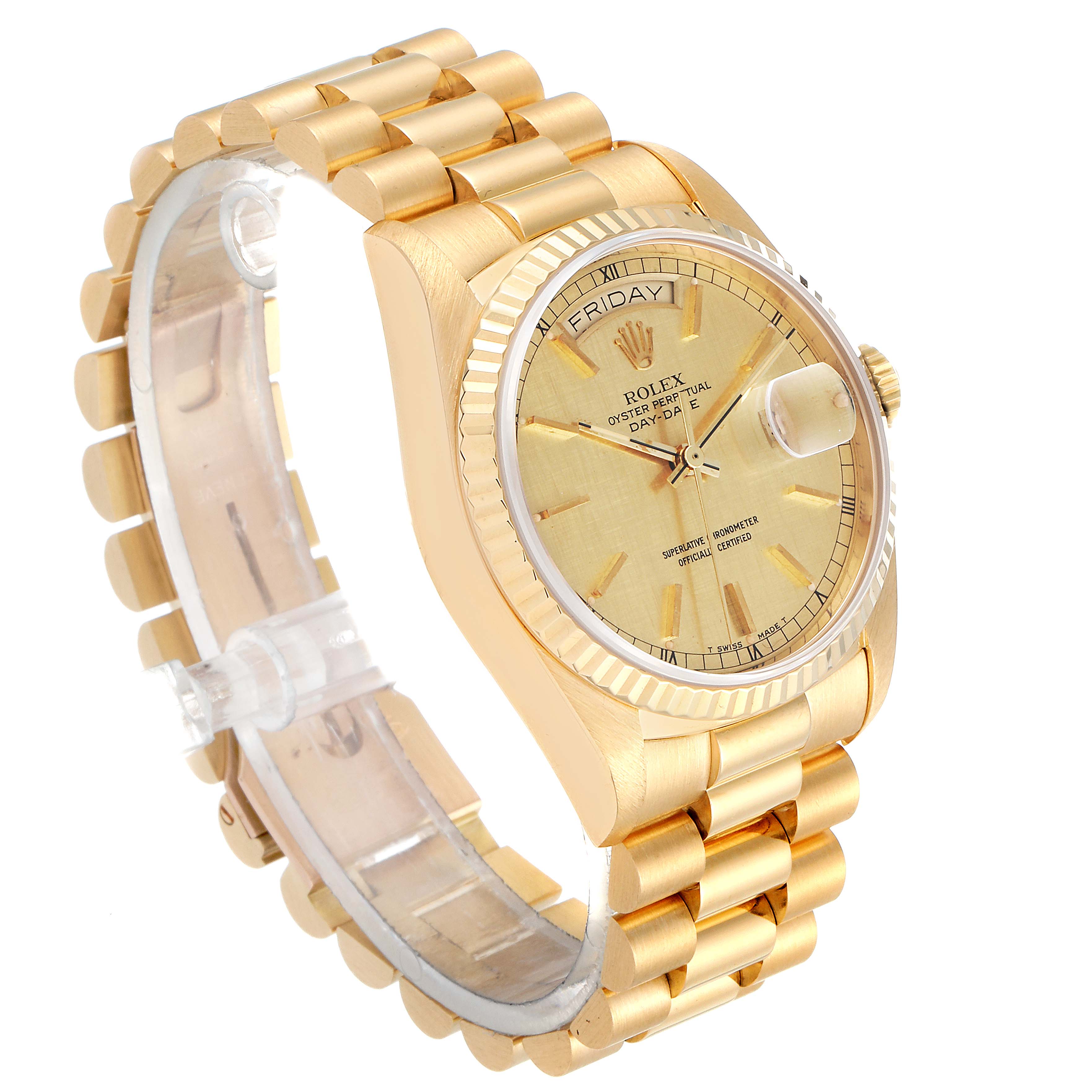 This image shows a side angle of the Rolex President 18038 Men's Yellow Gold Champagne Dial 18038 Men's Yellow Gold Champagne Dial model watch, highlighting the bracelet and face.