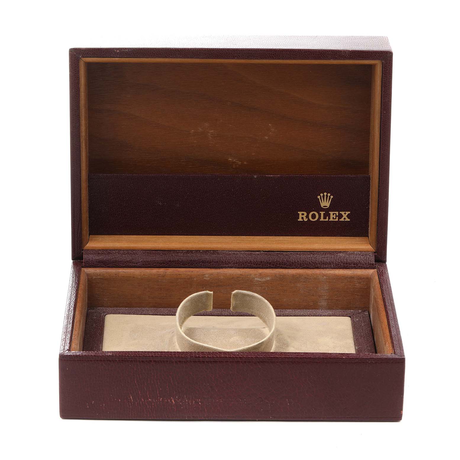 The image depicts an empty Rolex President 18038 Men's Yellow Gold Champagne Dial 18038 Men's Yellow Gold Champagne Dial model watch box with a maroon exterior, wooden interior, and the Rolex logo.