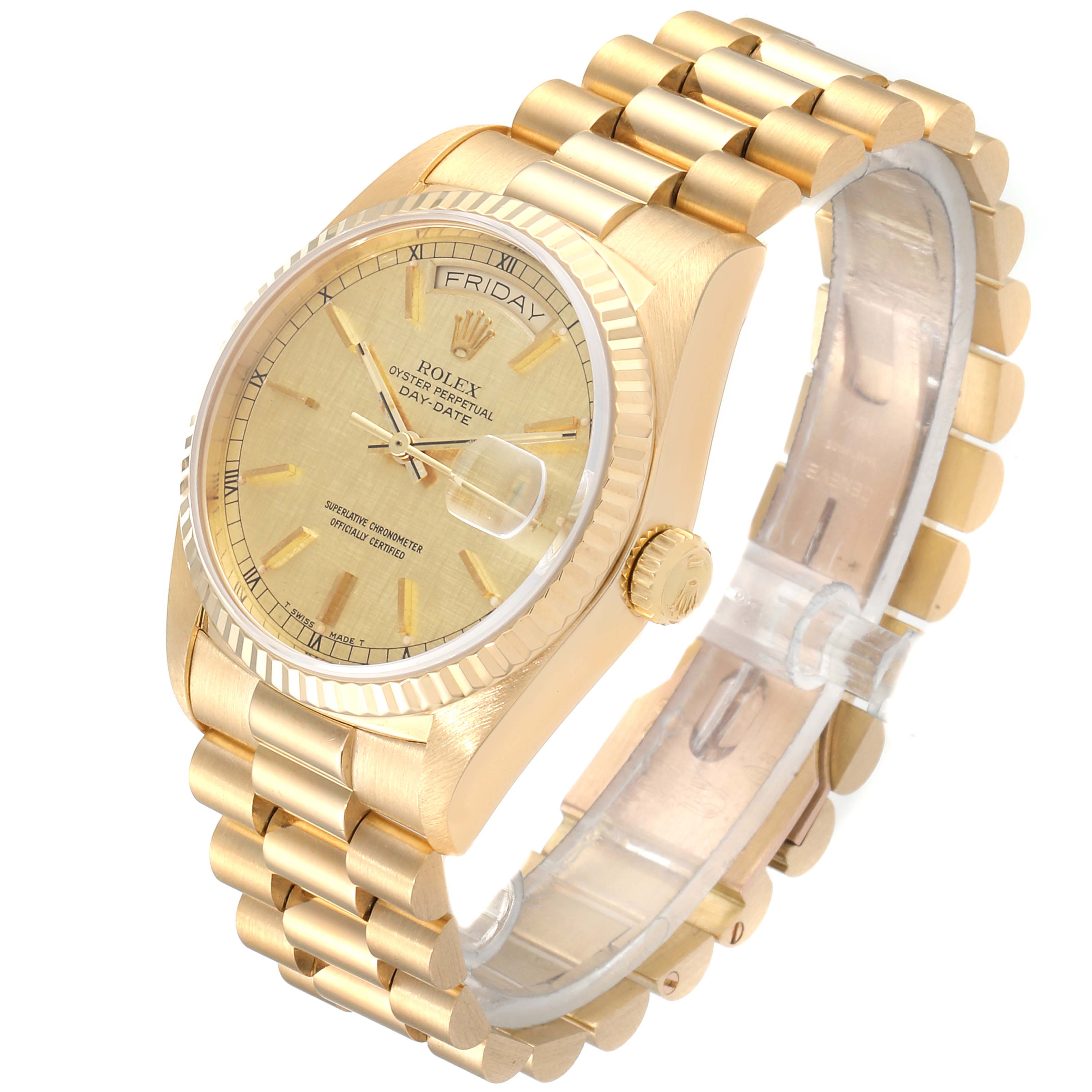 The Rolex President 18038 Men's Yellow Gold Champagne Dial 18038 Men's Yellow Gold Champagne Dial model watch is shown at an angled view displaying the face, bezel, crown, and bracelet.