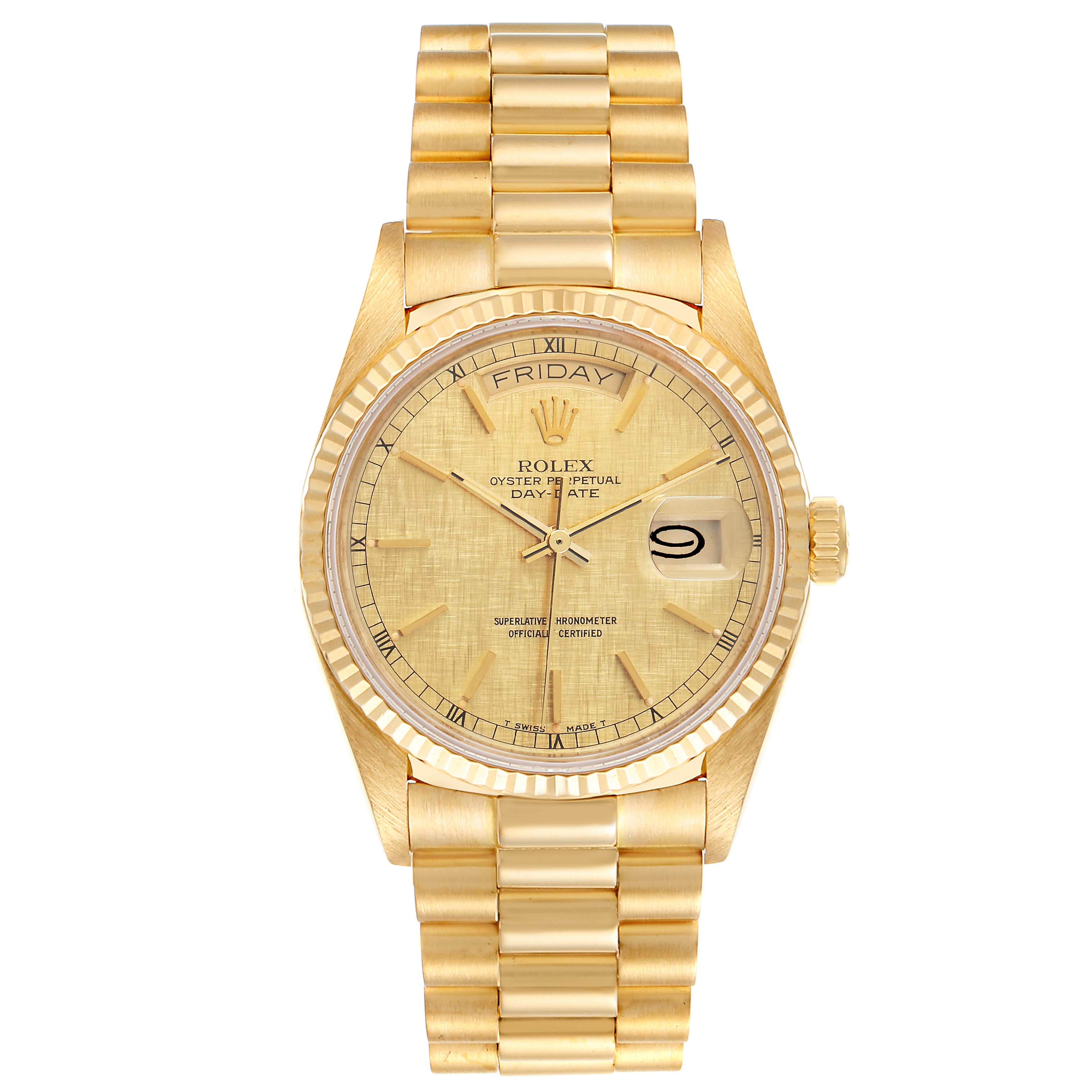The image shows a front view of the Rolex President 18038 Men's Yellow Gold Champagne Dial 18038 Men's Yellow Gold Champagne Dial model watch, highlighting its gold design, bracelet, dial, and day-date display.