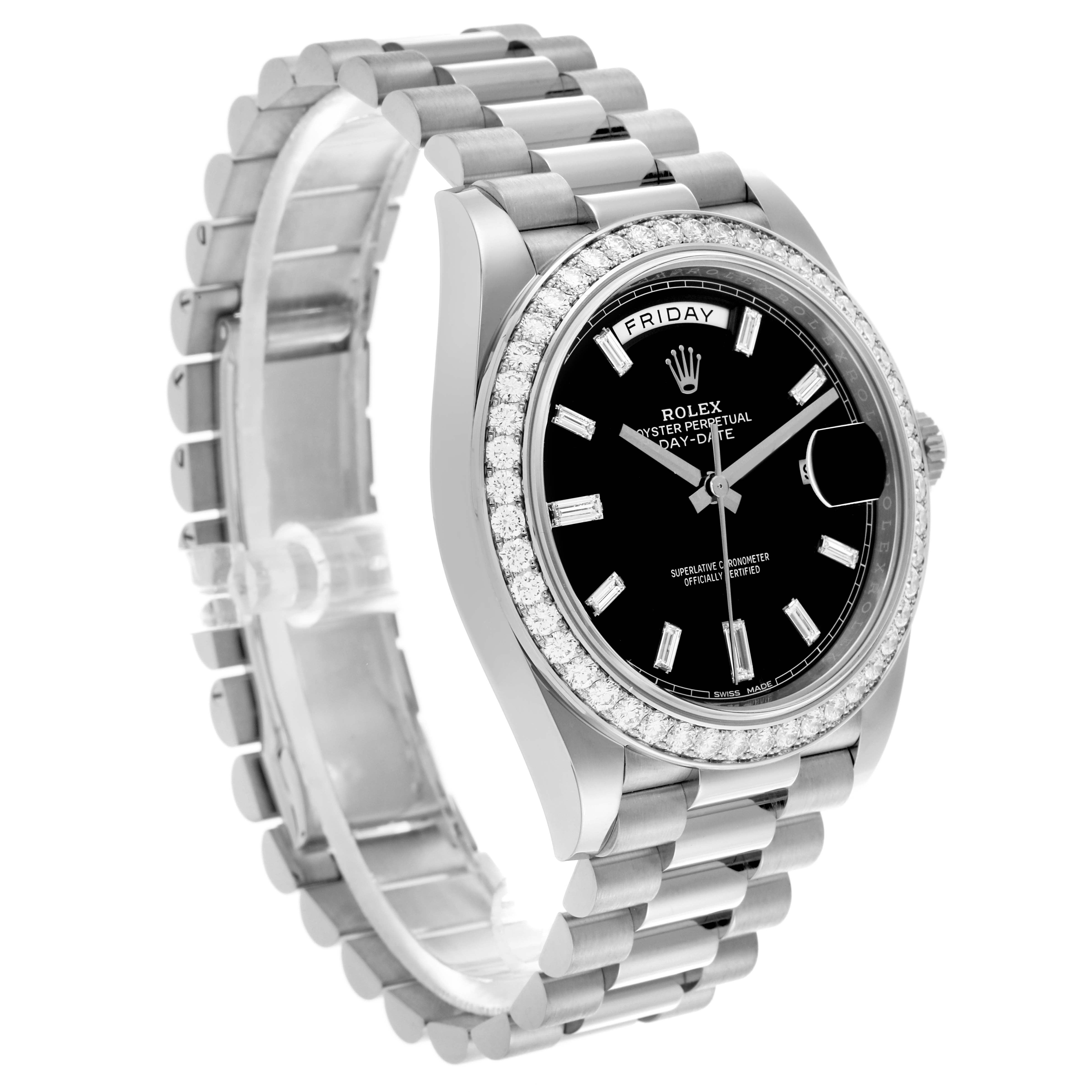 The Rolex President 228349RBR Men's White Gold Black Dial 228349RBR Men's White Gold Black Dial watch is shown at a three-quarter angle, highlighting the dial, bezel, and bracelet.