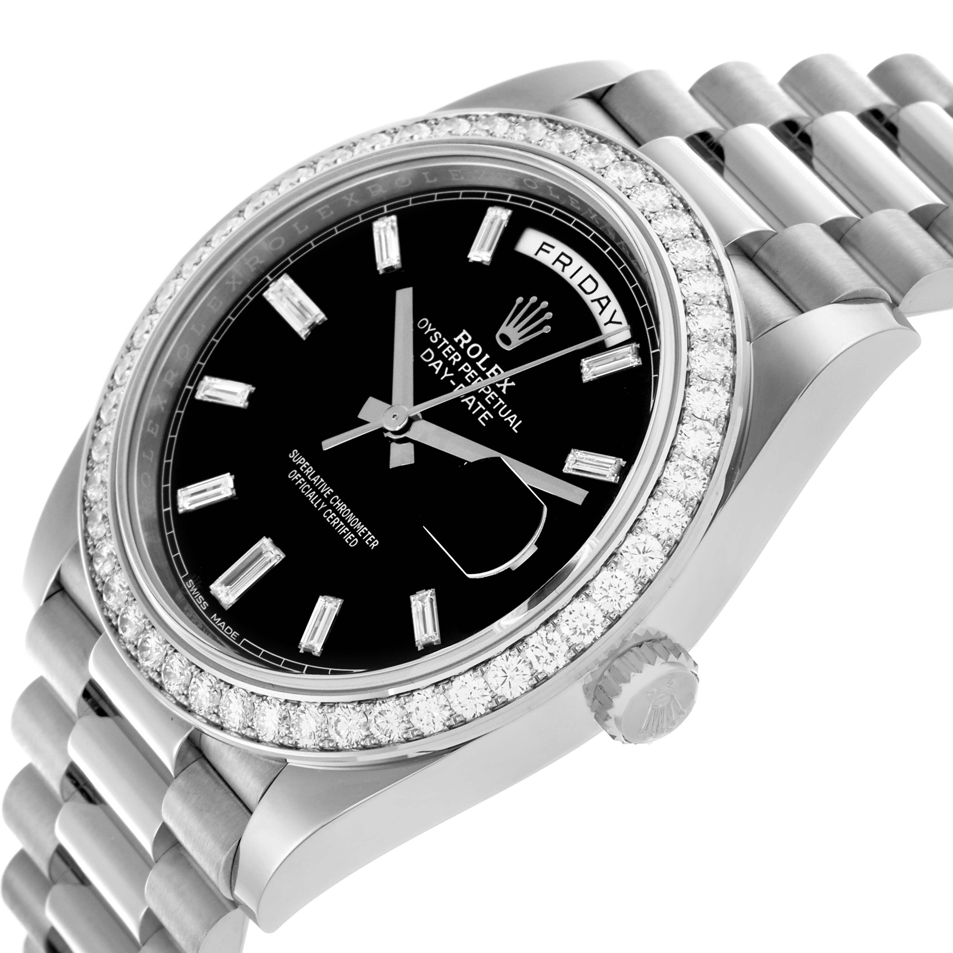 The Rolex President 228349RBR Men's White Gold Black Dial 228349RBR Men's White Gold Black Dial model is shown at an oblique angle, highlighting the watch face, bezel, and part of the bracelet.