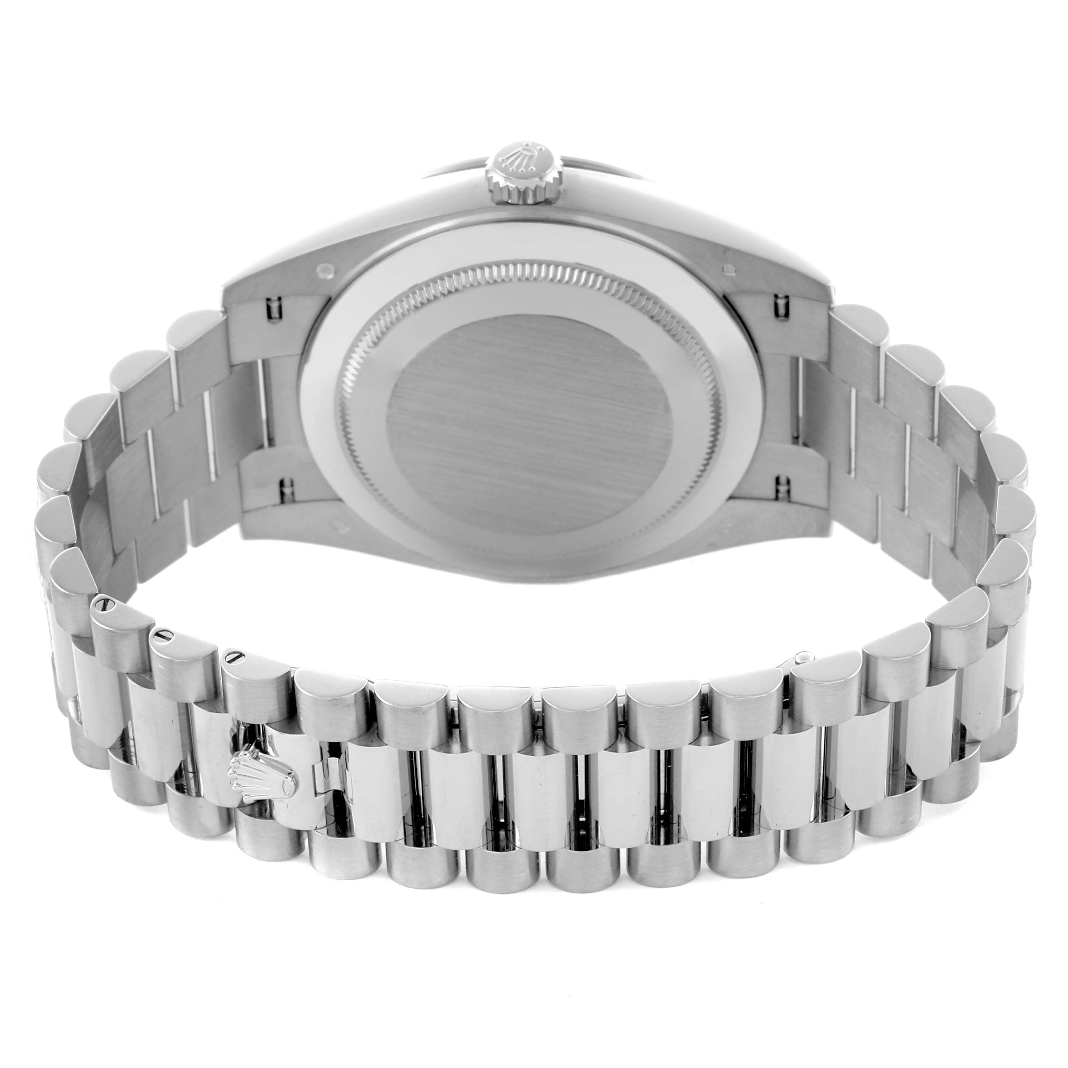 The image shows the back case and bracelet of the Rolex President 228349RBR Men's White Gold Black Dial 228349RBR Men's White Gold Black Dial model watch, viewed from the rear angle.