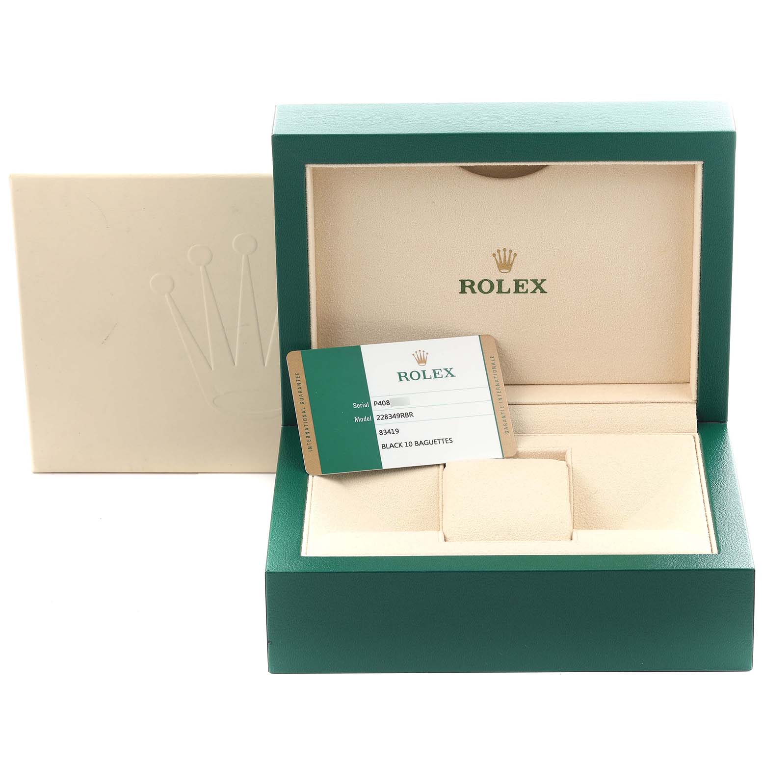 The image shows the packaging of a Rolex President 228349RBR Men's White Gold Black Dial 228349RBR Men's White Gold Black Dial model, featuring a green and beige box with an identification card.