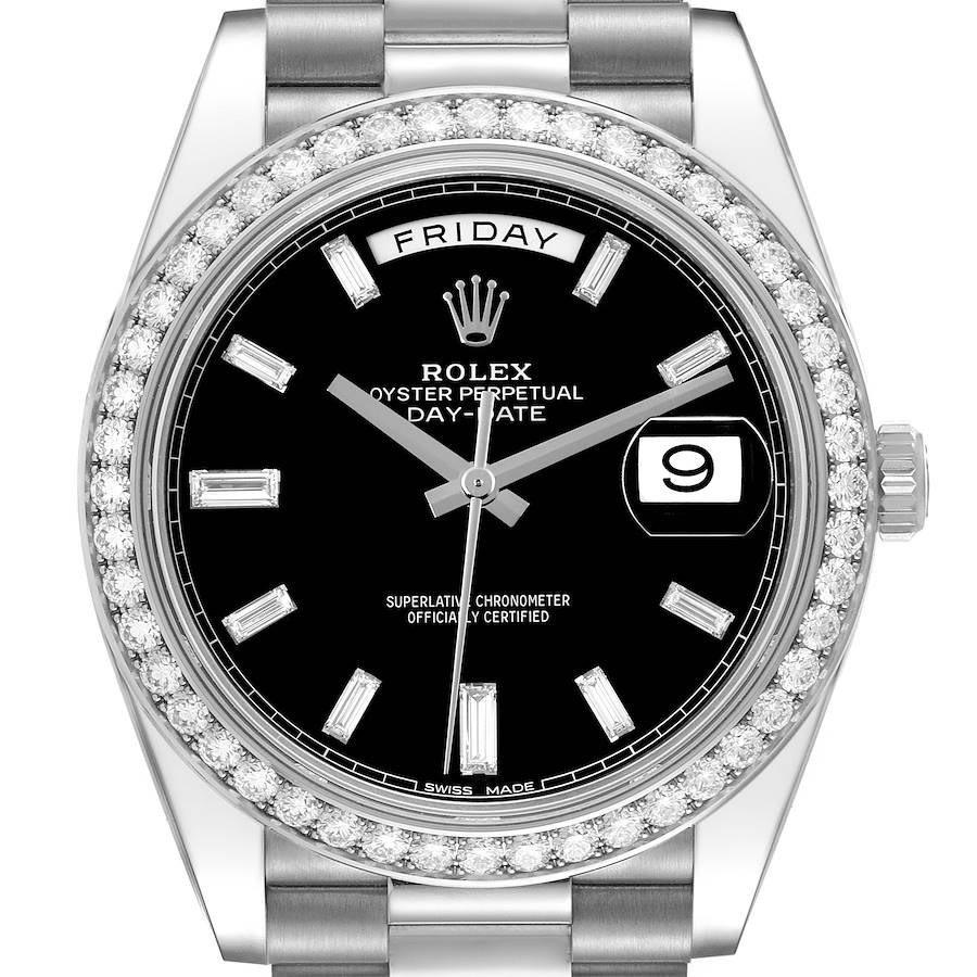 The Rolex President model is shown from a frontal angle, highlighting the diamond bezel, black dial, and bracelet.