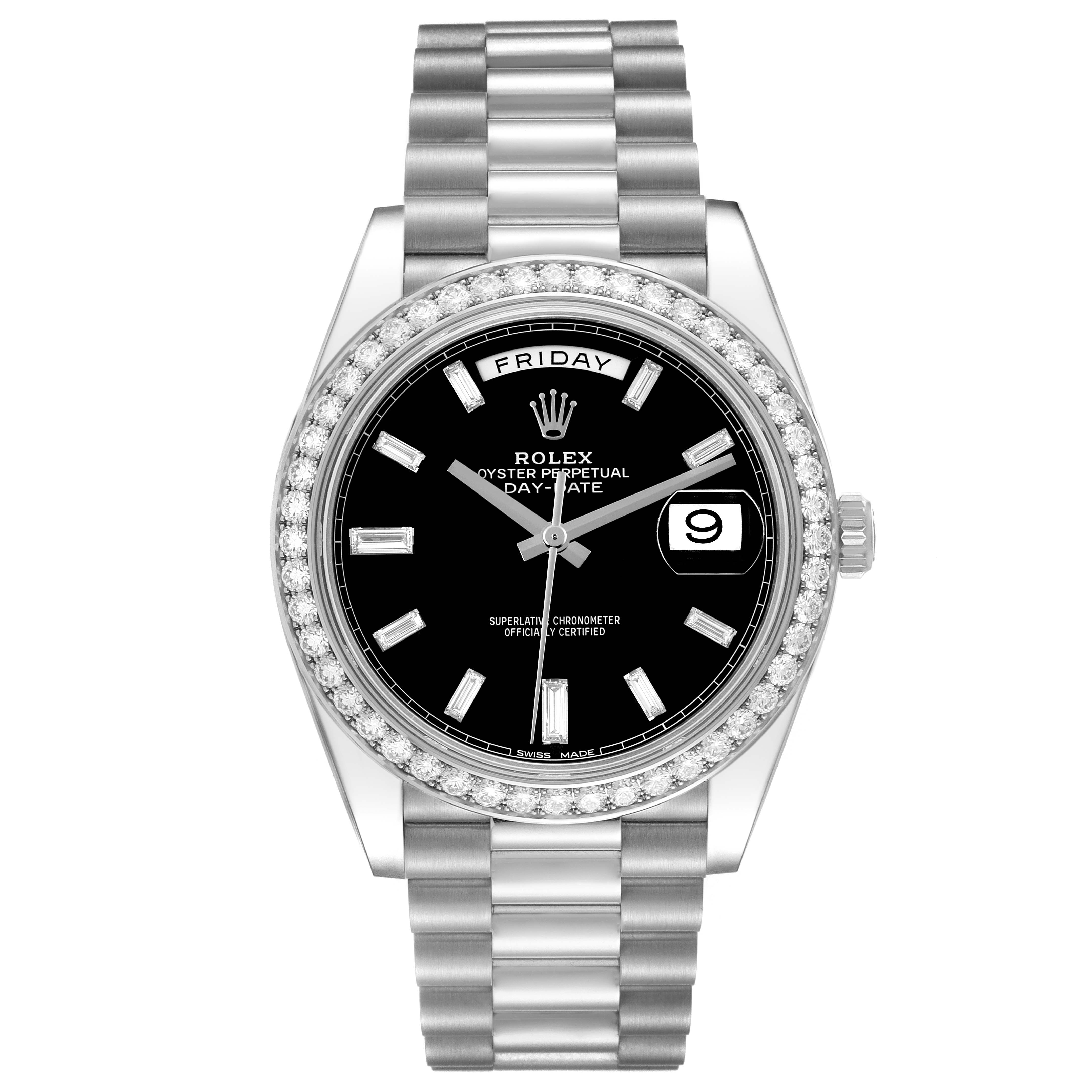 The Rolex President 228349RBR Men's White Gold Black Dial 228349RBR Men's White Gold Black Dial model is shown from a front angle, displaying the face, bezel, and bracelet.