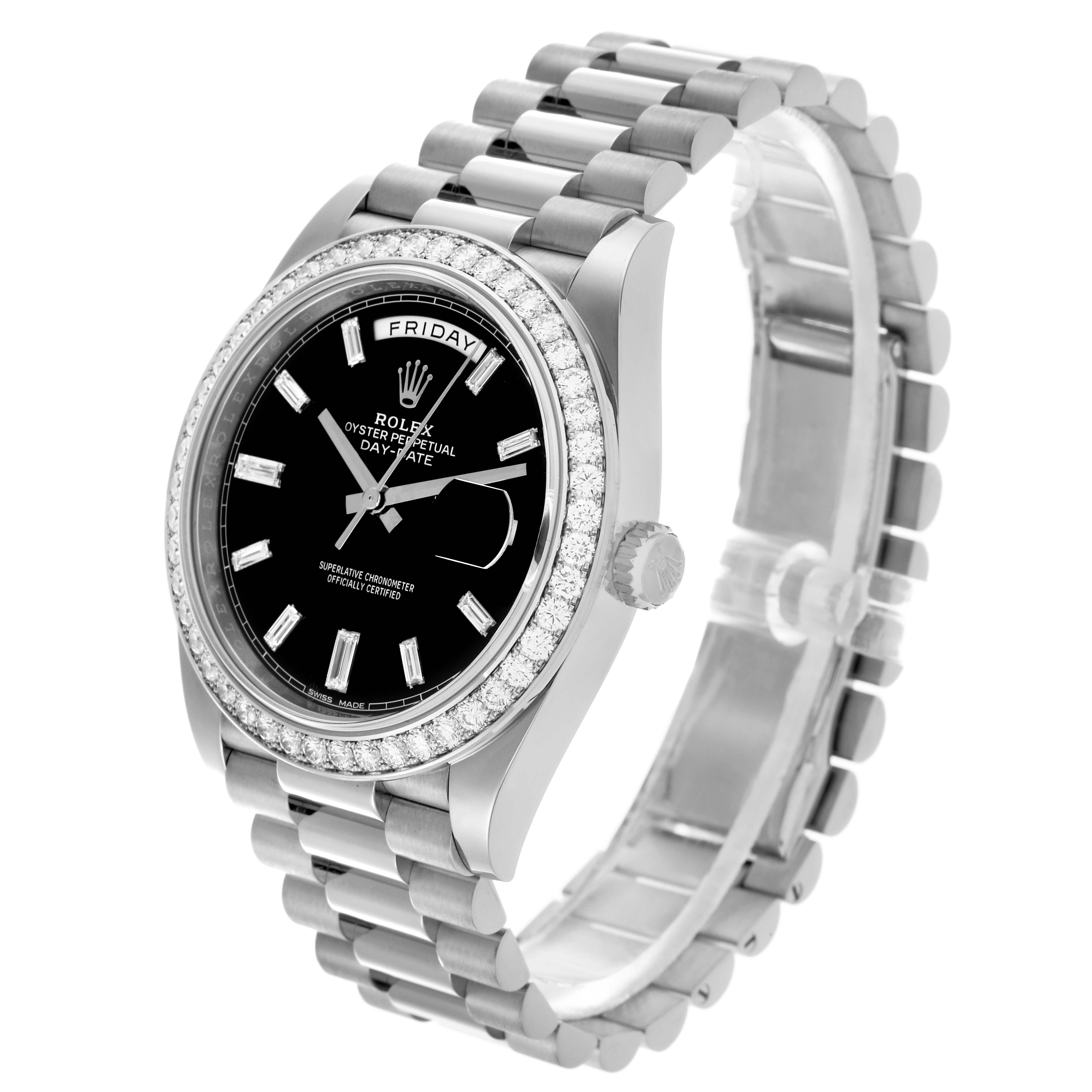 The Rolex President 228349RBR Men's White Gold Black Dial 228349RBR Men's White Gold Black Dial model watch is shown at a tilted angle, displaying the face, bezel, and bracelet.