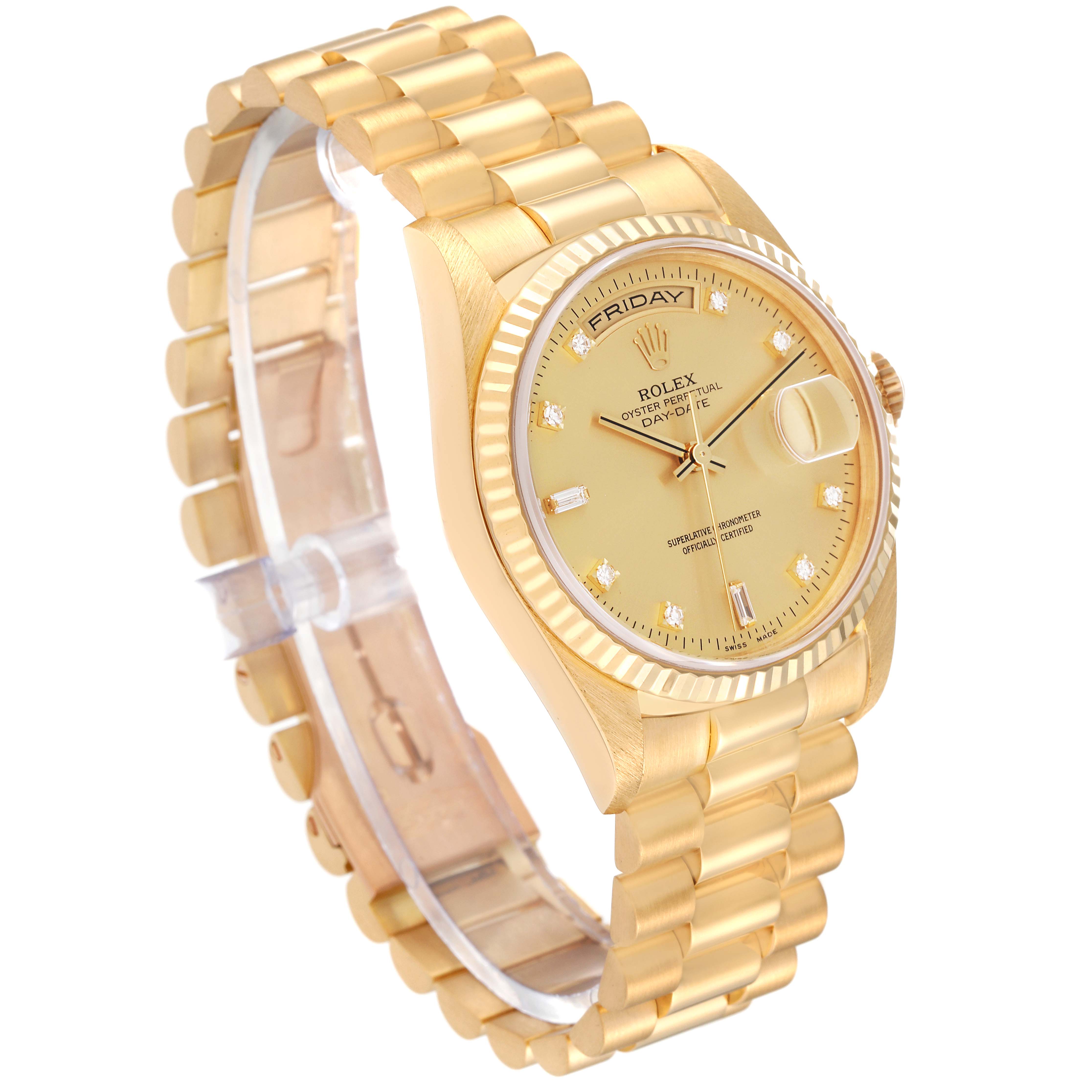 The image shows a side-angle view of the Rolex President 18238A Men
s Yellow Gold Champagne Dial 18238A Men
s Yellow Gold Champagne Dial model watch, featuring its gold bracelet and dial with day-date display.