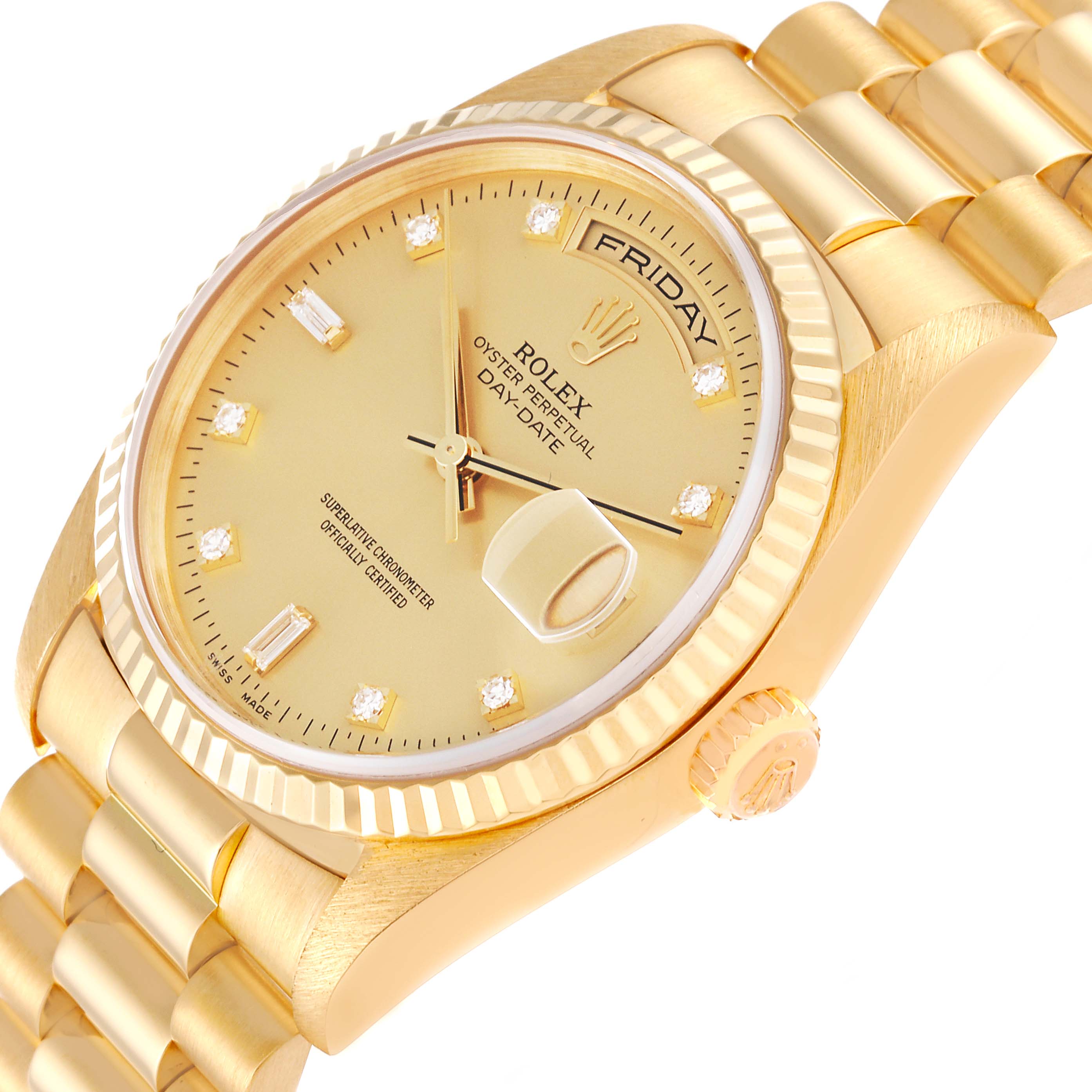 The Rolex President 18238A Men
s Yellow Gold Champagne Dial 18238A Men
s Yellow Gold Champagne Dial model is shown at a slight angle, highlighting the face, crown, bezel, and part of the bracelet.