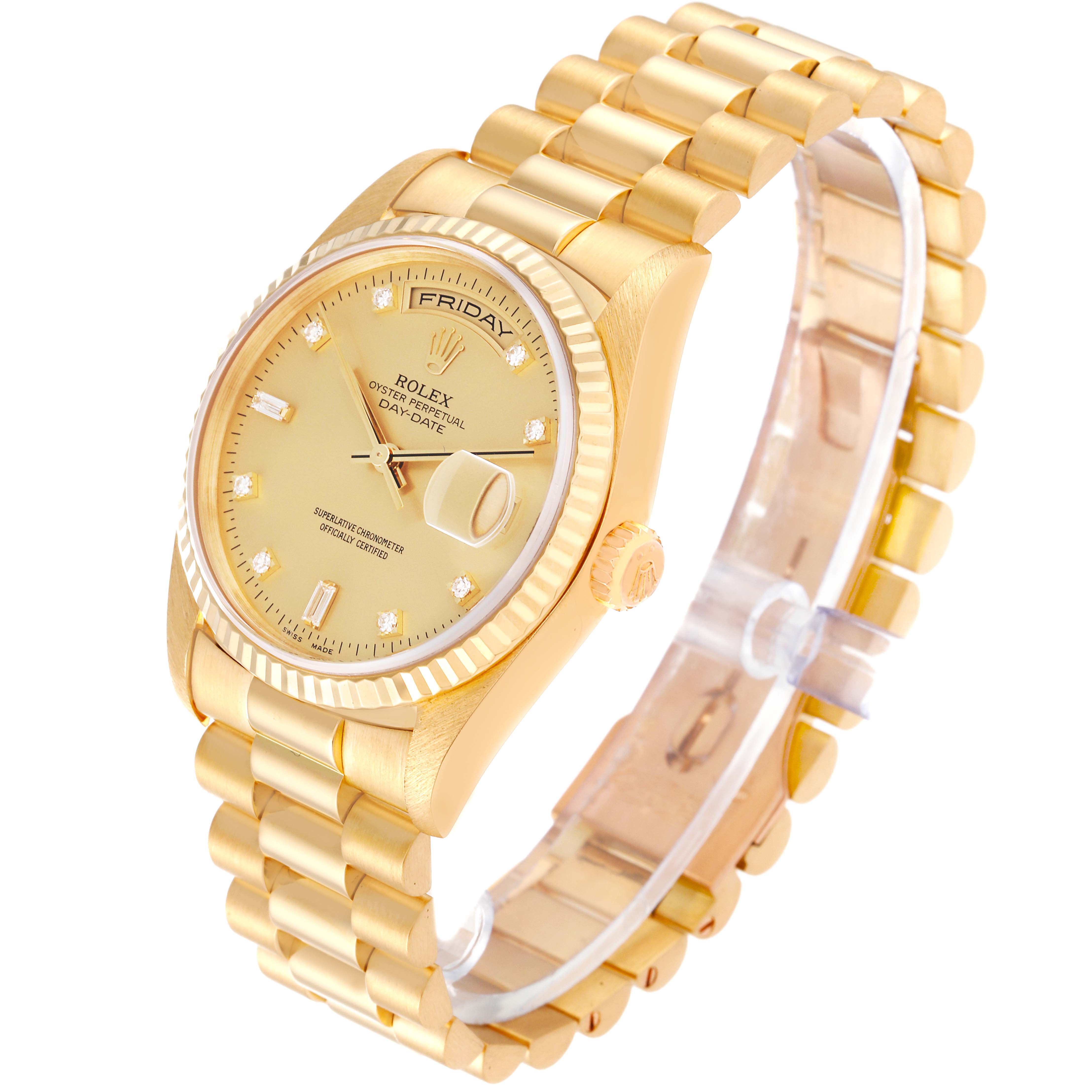 The image shows a Rolex President 18238A Men
s Yellow Gold Champagne Dial 18238A Men
s Yellow Gold Champagne Dial model watch at a slight angle, highlighting the face and bracelet.