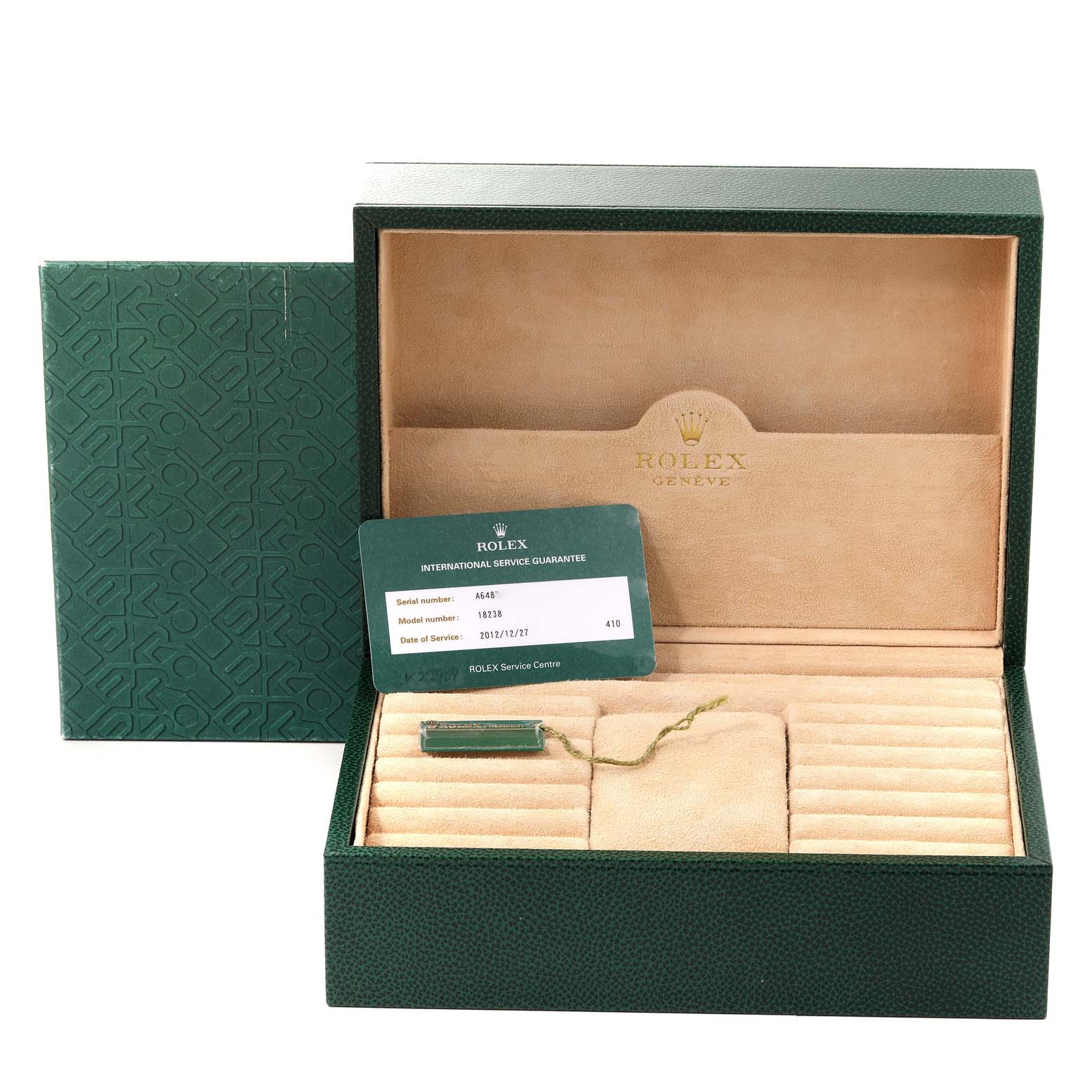 The image shows the open box, service card, and tag for a Rolex President 18238A Men
s Yellow Gold Champagne Dial 18238A Men
s Yellow Gold Champagne Dial model watch.