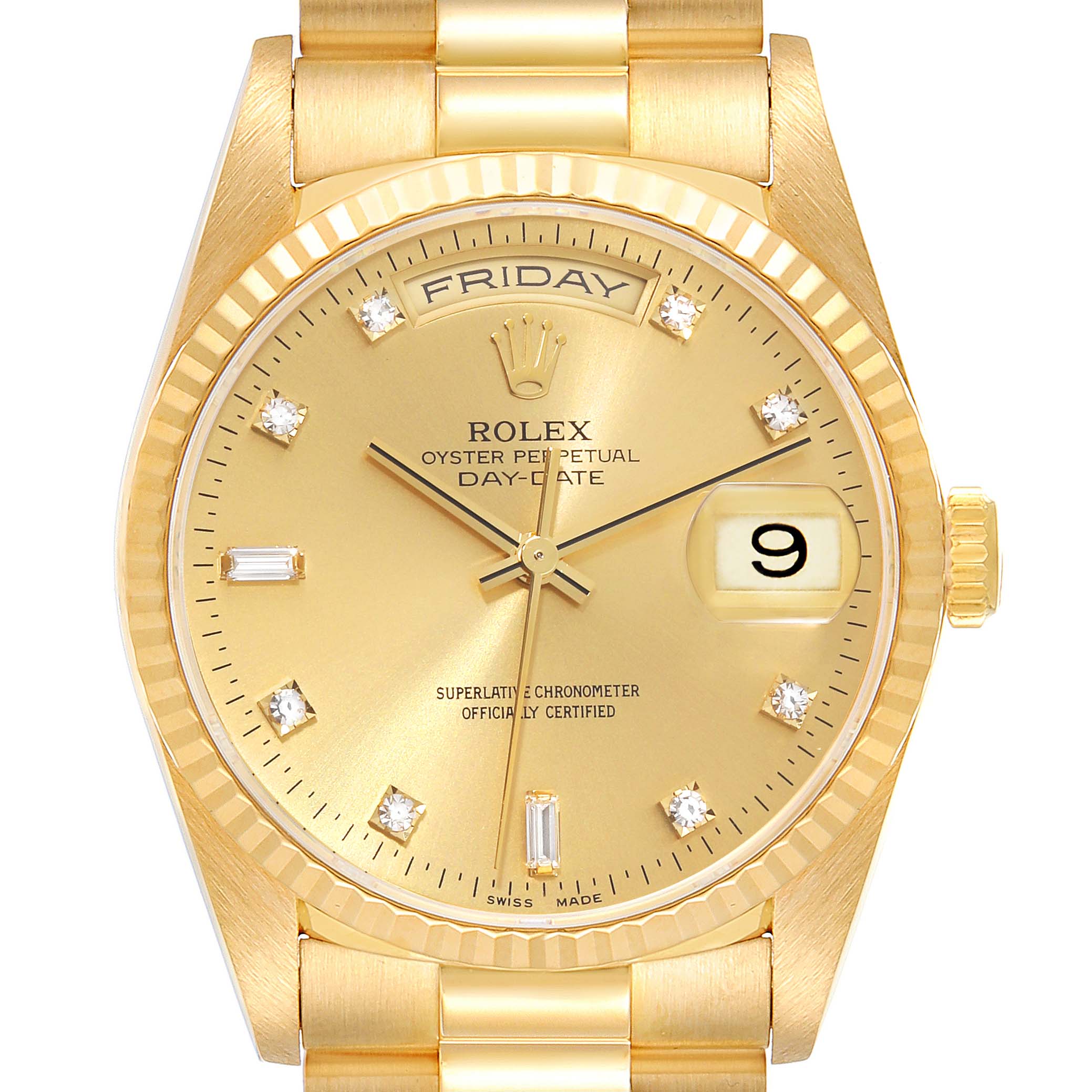 The image shows a close-up of the Rolex President 18238A Men
s Yellow Gold Champagne Dial 18238A Men
s Yellow Gold Champagne Dial model watch, displaying its gold dial, day-date features, and diamond hour markers.