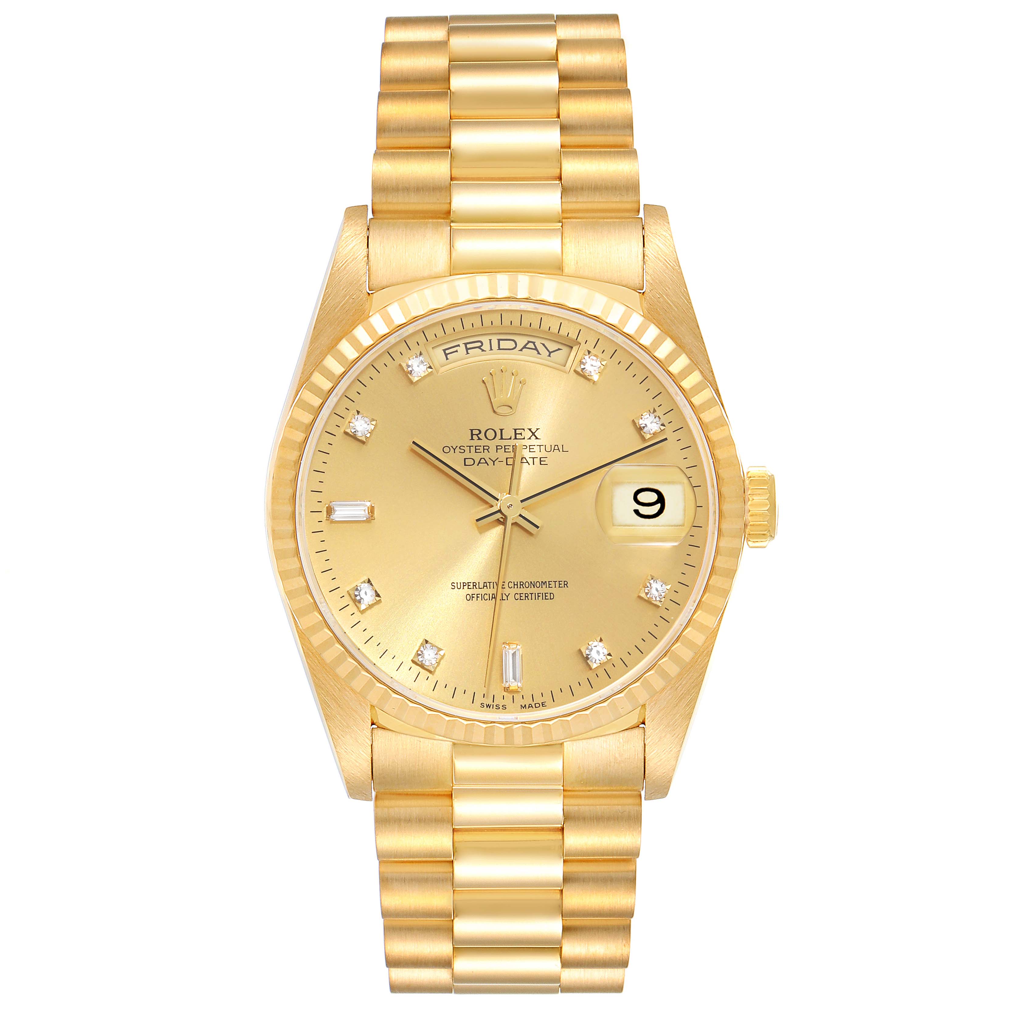 The image shows a front view of the Rolex President 18238A Men
s Yellow Gold Champagne Dial 18238A Men
s Yellow Gold Champagne Dial model watch, displaying the watch face, dial, bracelet, and crown.