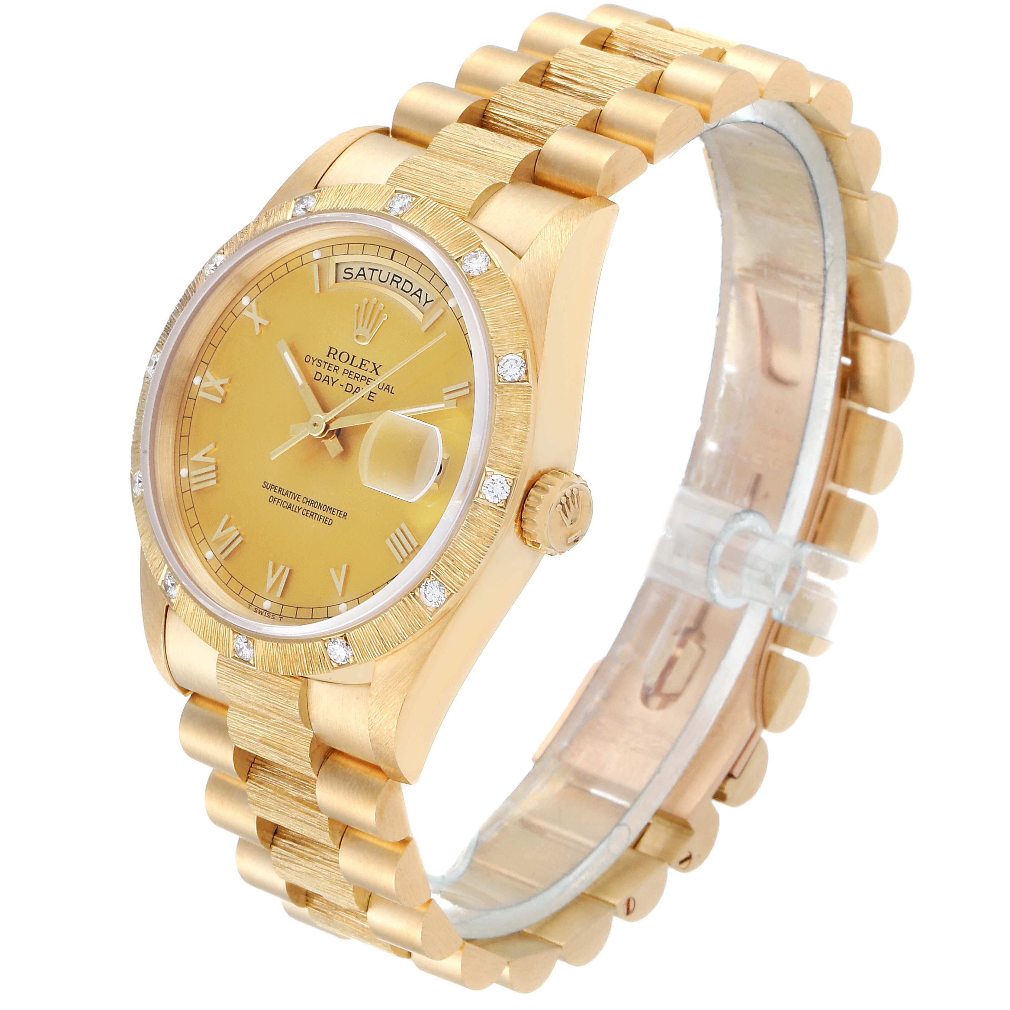 This Rolex President 18108 Men
s Yellow Gold Champagne Dial 18108 Men
s Yellow Gold Champagne Dial watch is shown at a three-quarter angle, highlighting its gold bracelet, dial, and diamond-set bezel.