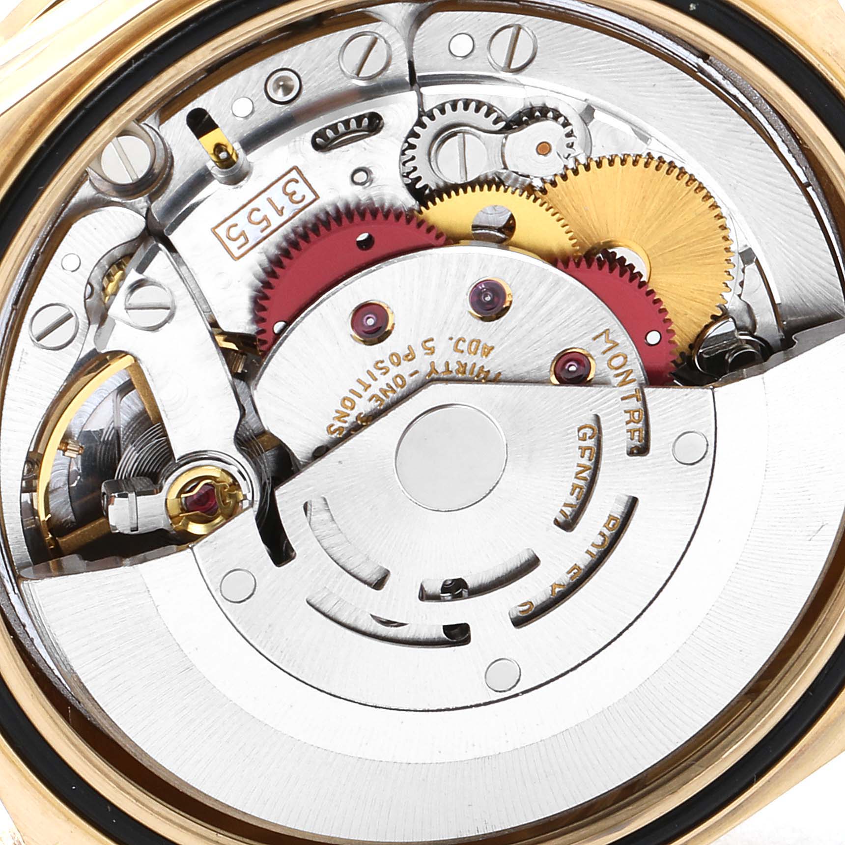 The image shows a close-up of the Rolex President 18108 Men
s Yellow Gold Champagne Dial 18108 Men
s Yellow Gold Champagne Dial model
s movement and inner mechanical parts.