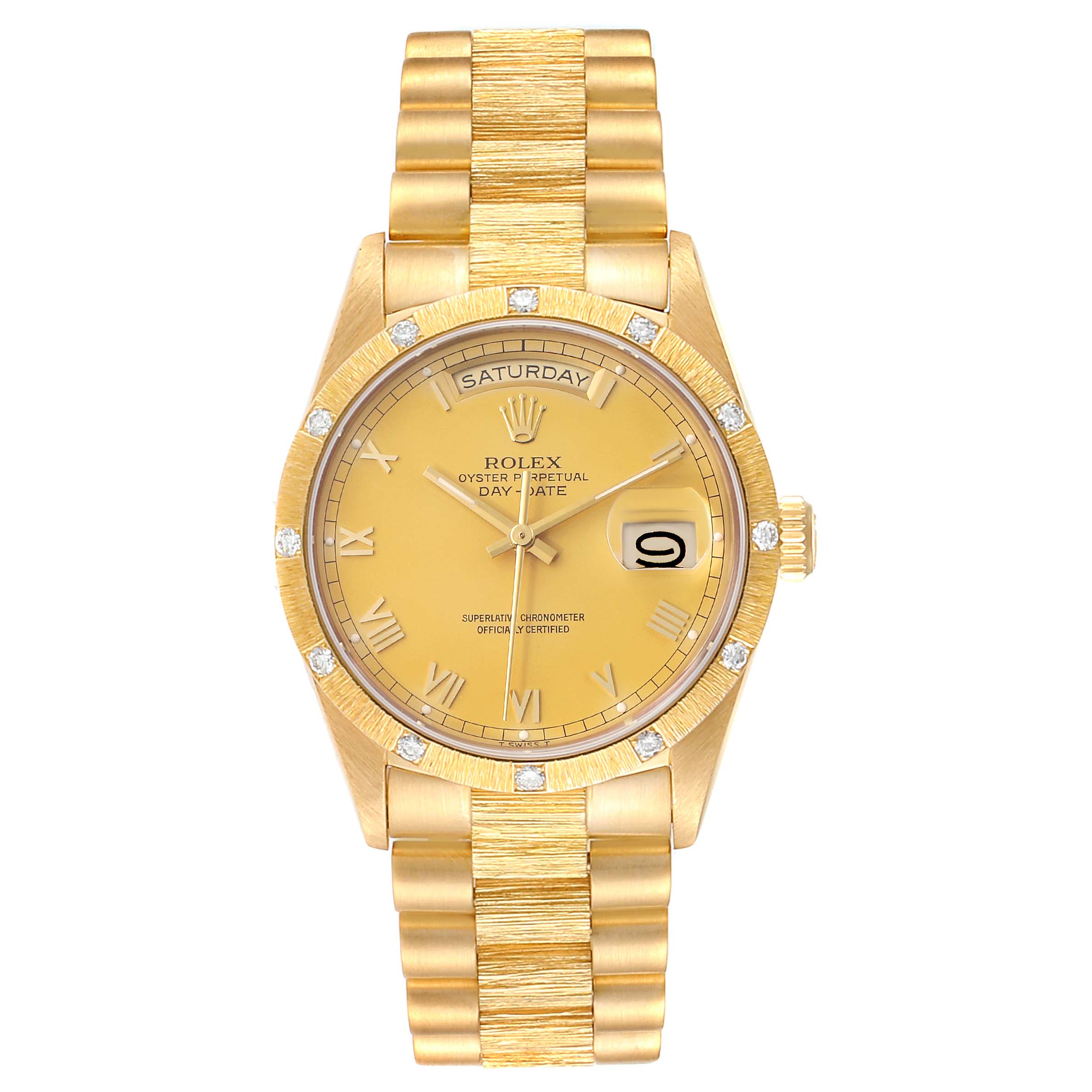 The image shows a front view of a Rolex President 18108 Men
s Yellow Gold Champagne Dial 18108 Men
s Yellow Gold Champagne Dial model watch, highlighting its gold case, bracelet, and dial with date and day indicators.
