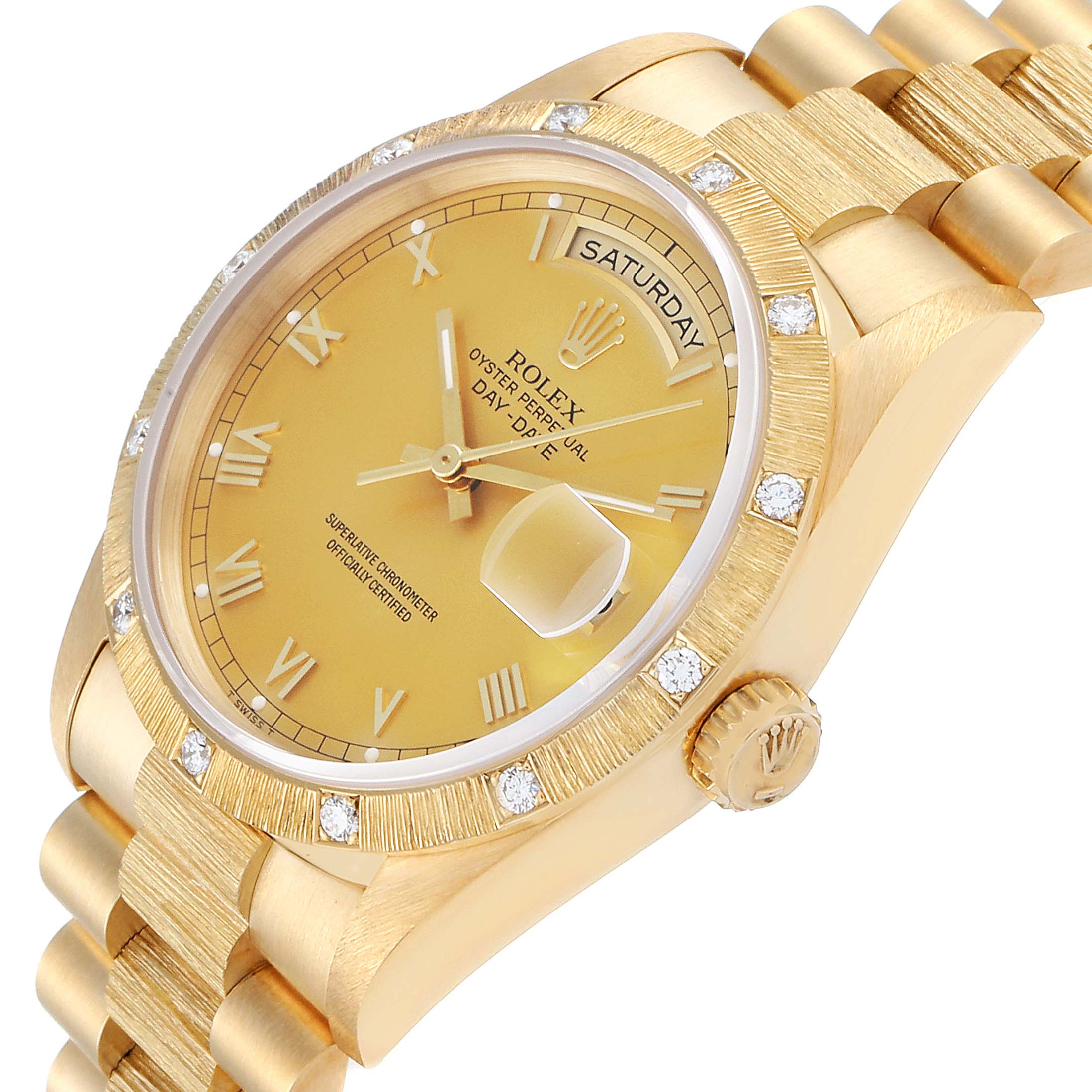 The image shows a close-up angled view of the Rolex President 18108 Men
s Yellow Gold Champagne Dial 18108 Men
s Yellow Gold Champagne Dial model watch, displaying the dial, bezel, crown, and part of the bracelet.