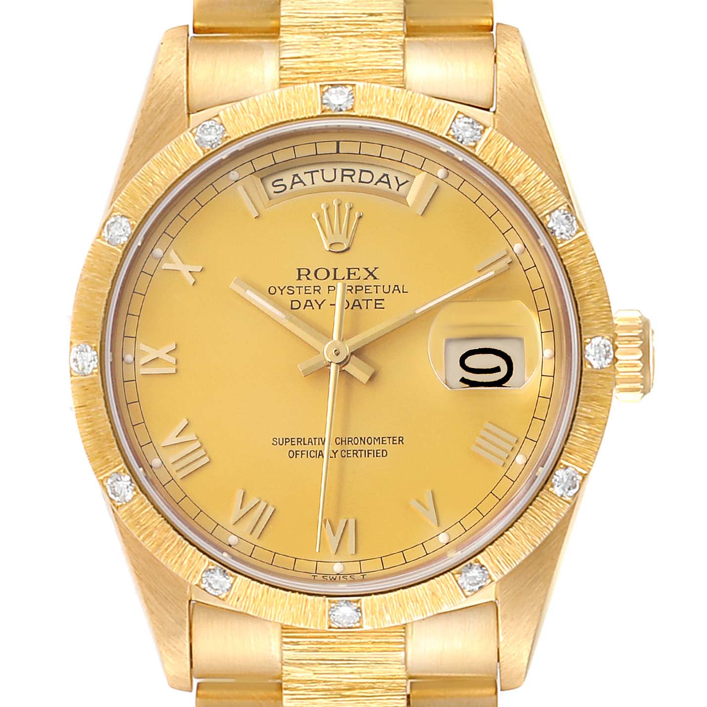 The image shows a front view of a Rolex President 18108 Men
s Yellow Gold Champagne Dial 18108 Men
s Yellow Gold Champagne Dial model watch, displaying the face, bezel, and part of the bracelet.