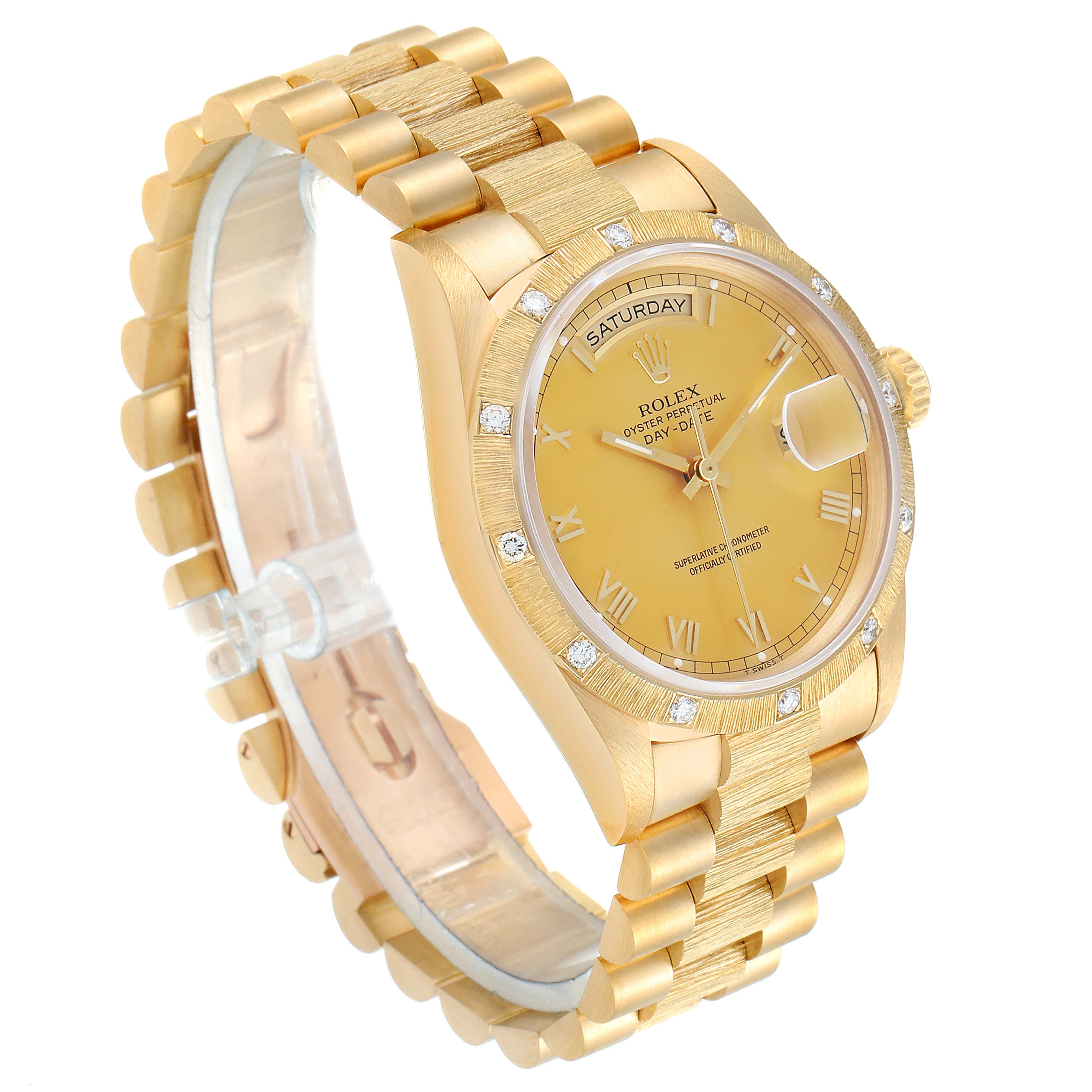 The image shows a Rolex President 18108 Men
s Yellow Gold Champagne Dial 18108 Men
s Yellow Gold Champagne Dial model watch at a three-quarter angle, revealing the face, bezel, and bracelet.