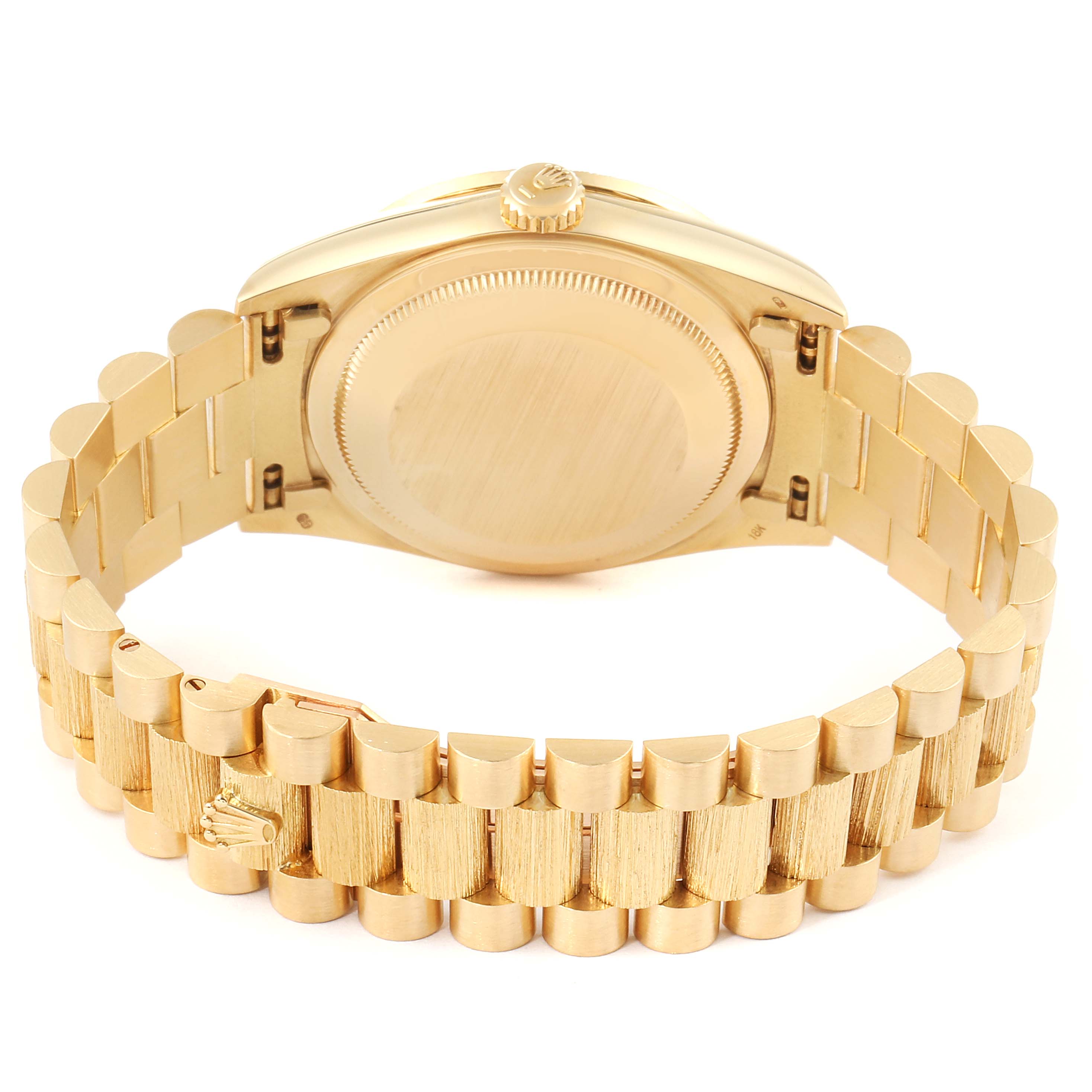 This image shows the back and bracelet of a Rolex President 18108 Men
s Yellow Gold Champagne Dial 18108 Men
s Yellow Gold Champagne Dial model watch.