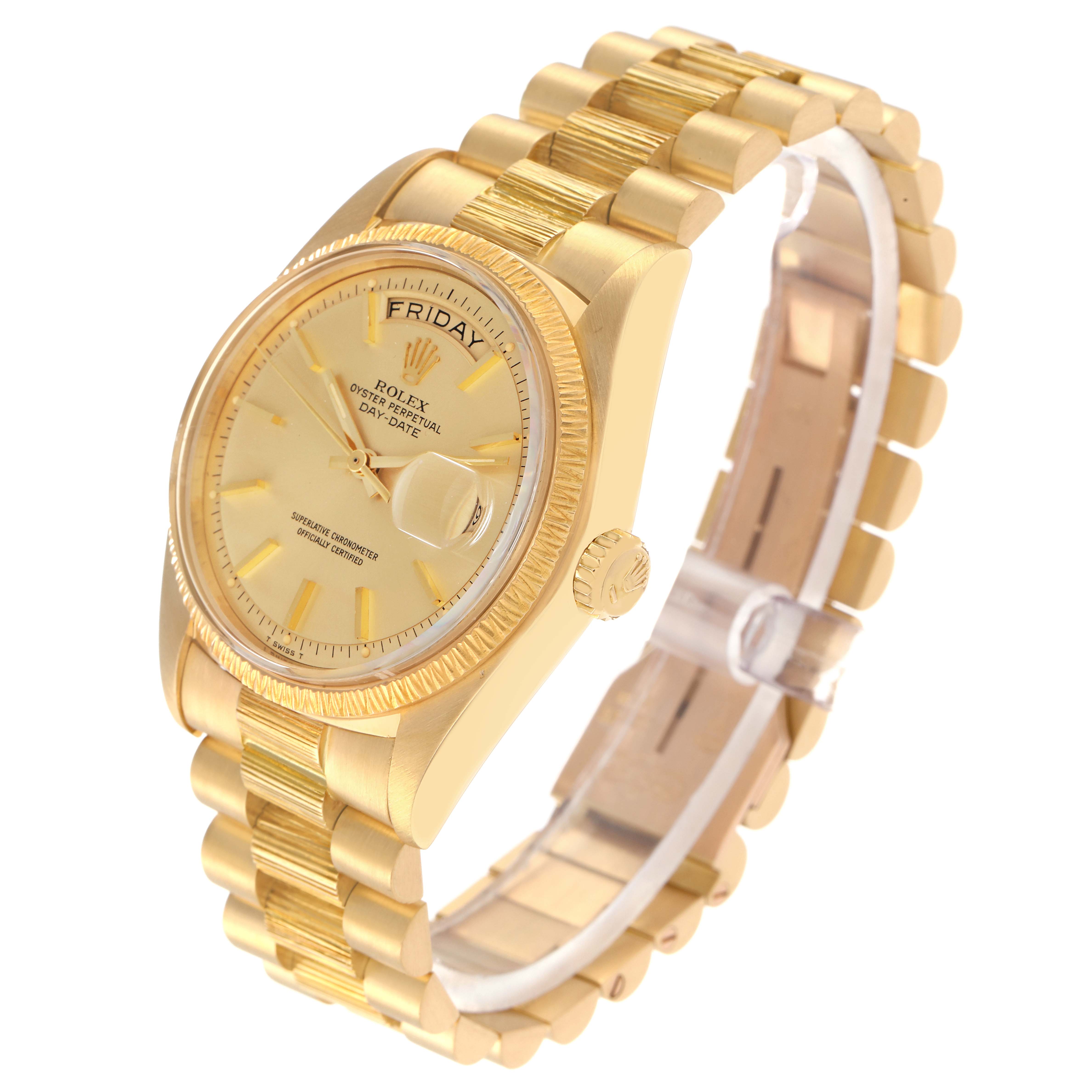 The Rolex President 1807 Men's Yellow Gold Champagne Dial watch is shown at an angled view displaying the face, bezel, and bracelet.