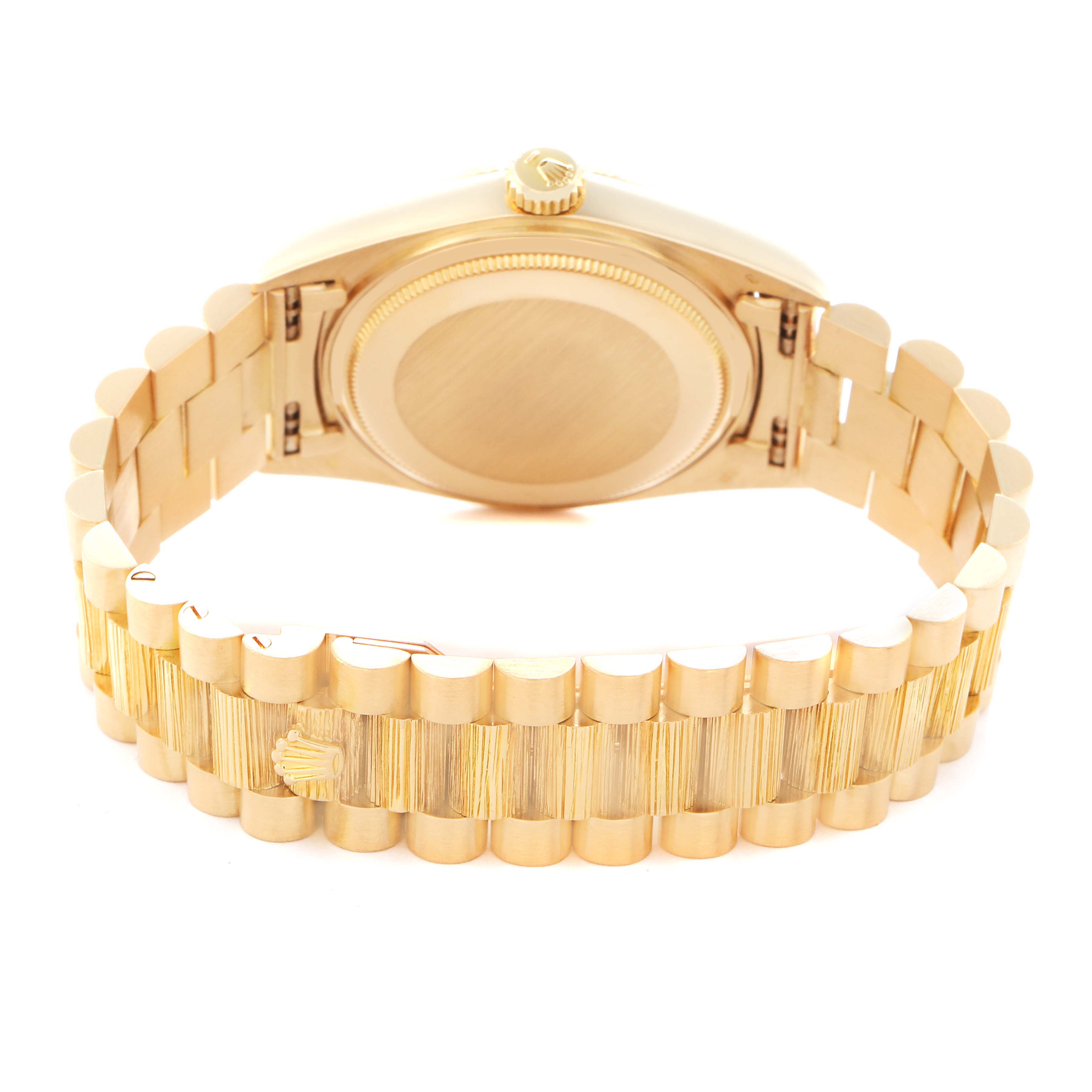 The image shows the back and bracelet of a Rolex President 1807 Men's Yellow Gold Champagne Dial model, displaying the case back and clasp details.