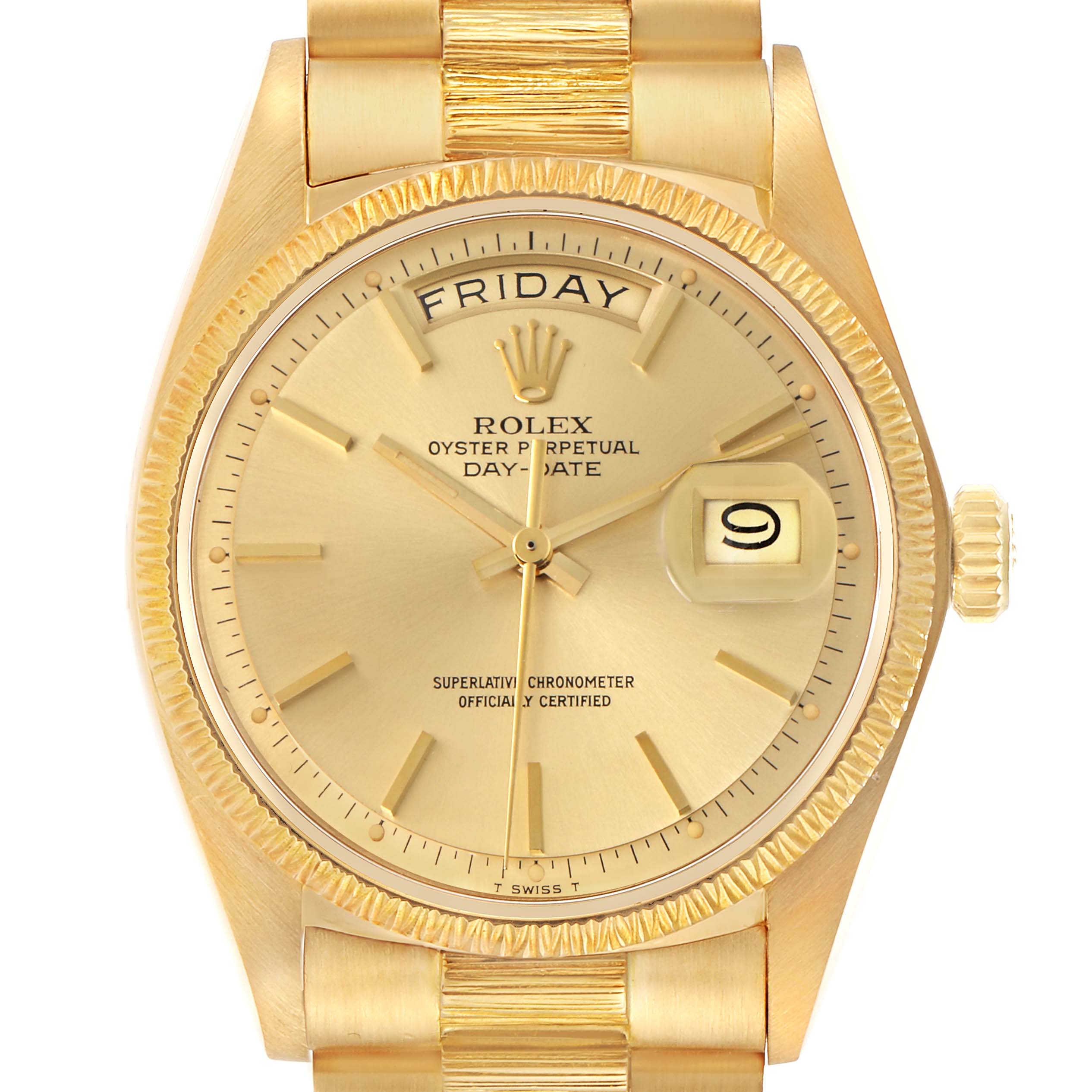 The Rolex President 1807 Men's Yellow Gold Champagne Dial watch is shown from a top-down angle, displaying the full dial, fluted bezel, and part of the bracelet.