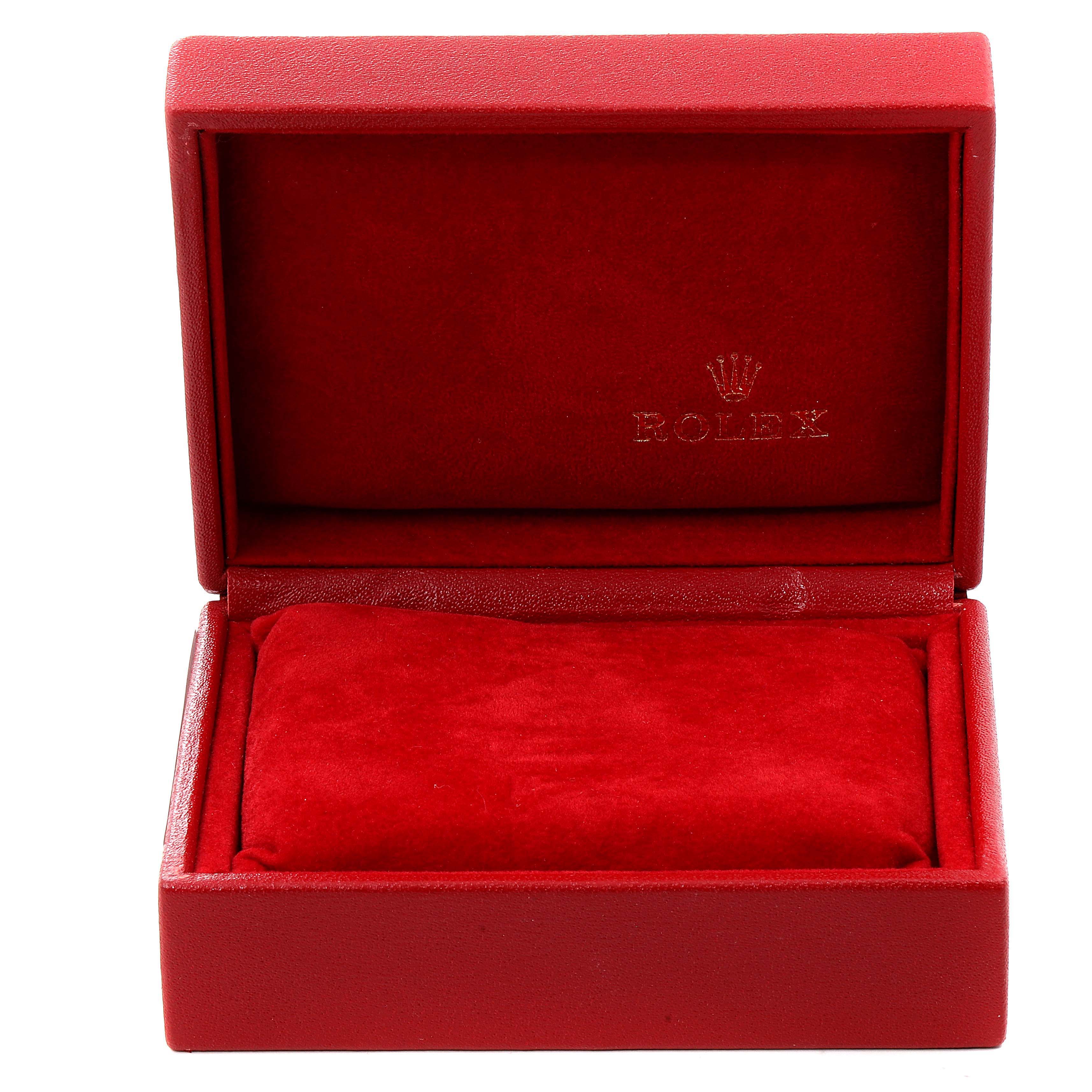 This image shows an empty red watch box with a Rolex logo, presumably for the Rolex President 79179 Women's White Gold Silver Dial 79179 Women's White Gold Silver Dial model.
