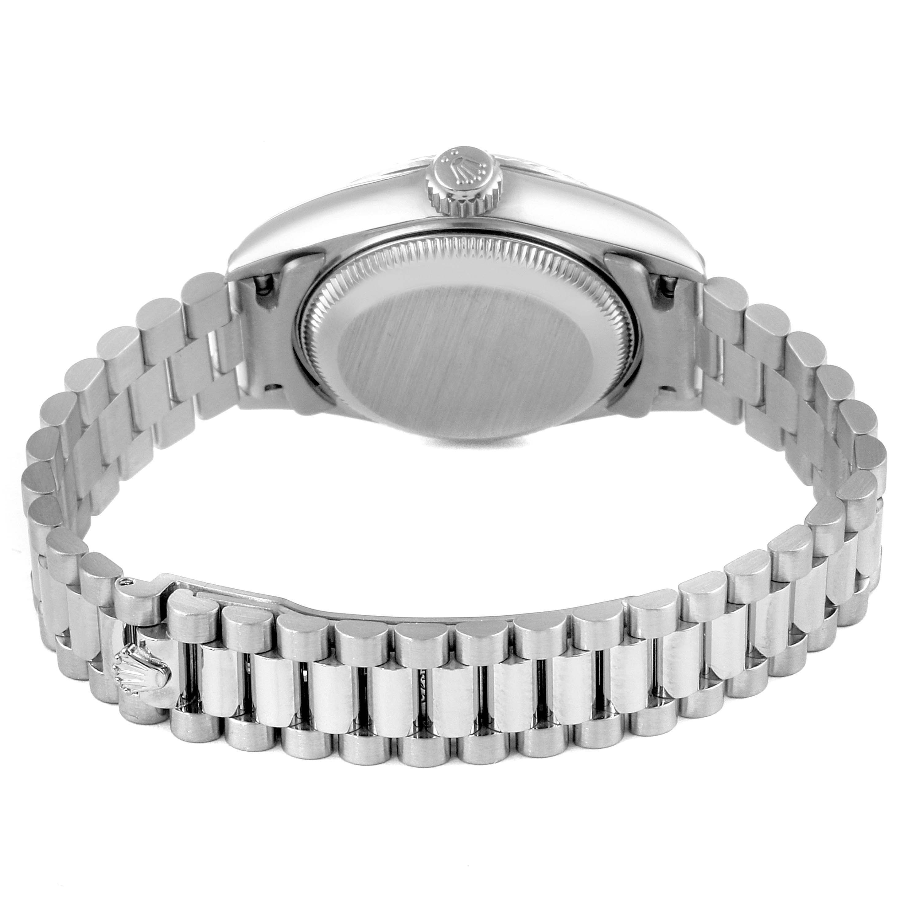 The image shows the back case and bracelet of a Rolex President 79179 Women's White Gold Silver Dial 79179 Women's White Gold Silver Dial model watch from a rear angle.