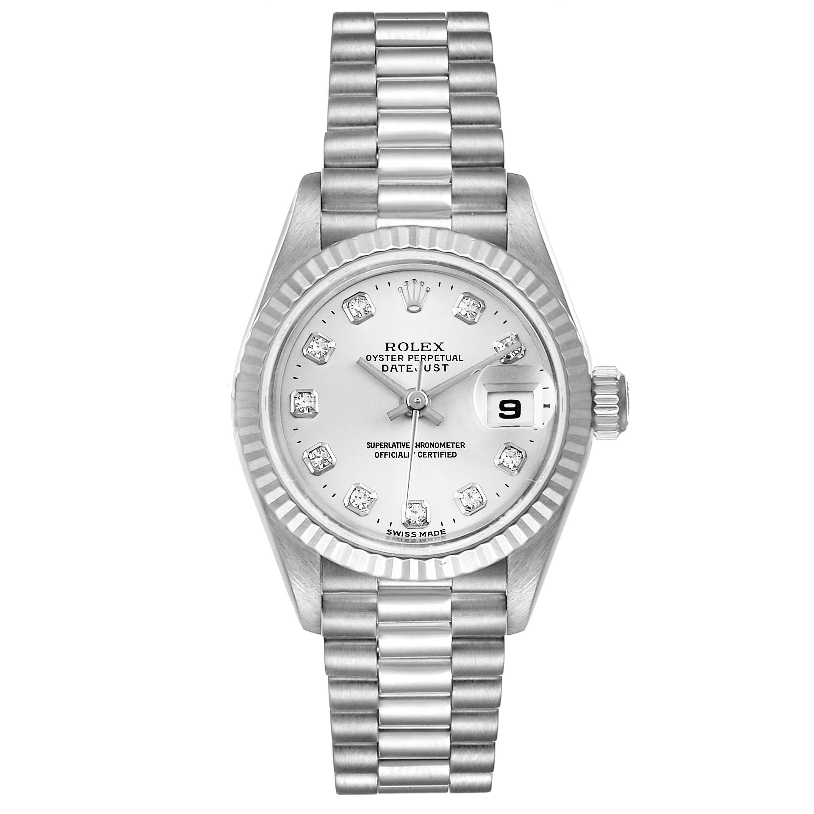 This image shows a Rolex President 79179 Women's White Gold Silver Dial 79179 Women's White Gold Silver Dial model watch from a front angle, featuring the dial, bezel, and bracelet.
