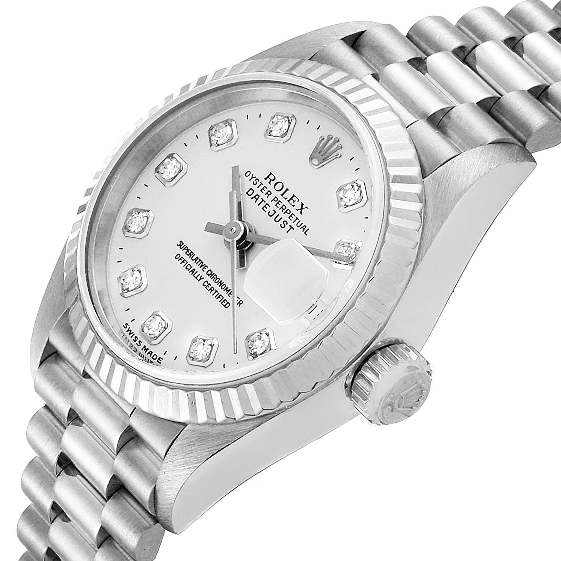 The image shows a Rolex President 79179 Women's White Gold Silver Dial 79179 Women's White Gold Silver Dial model watch in an angled view highlighting the dial, crown, and bracelet.