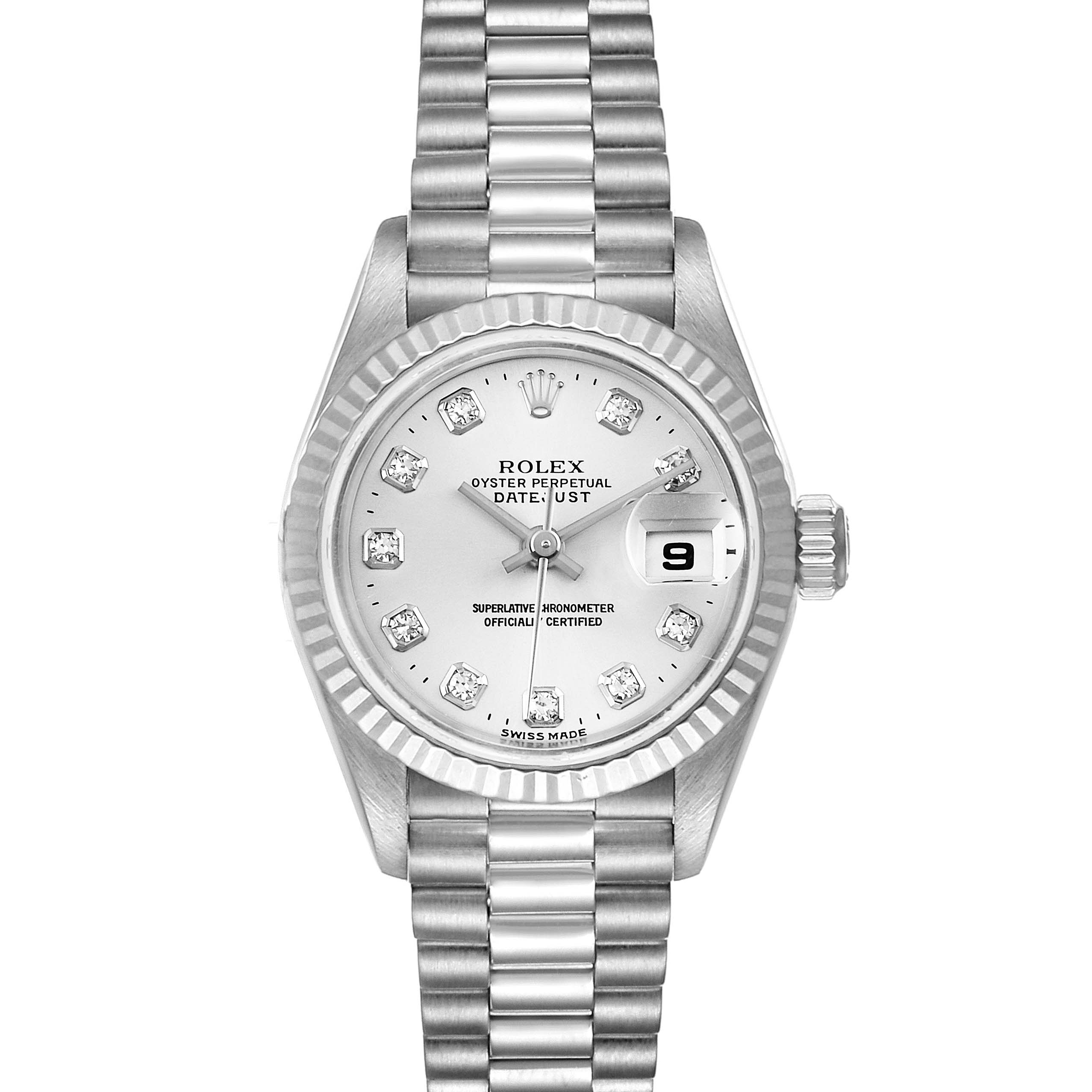 This image shows a front view of a Rolex President 79179 Women's White Gold Silver Dial 79179 Women's White Gold Silver Dial model watch, displaying the dial, bezel, and bracelet.