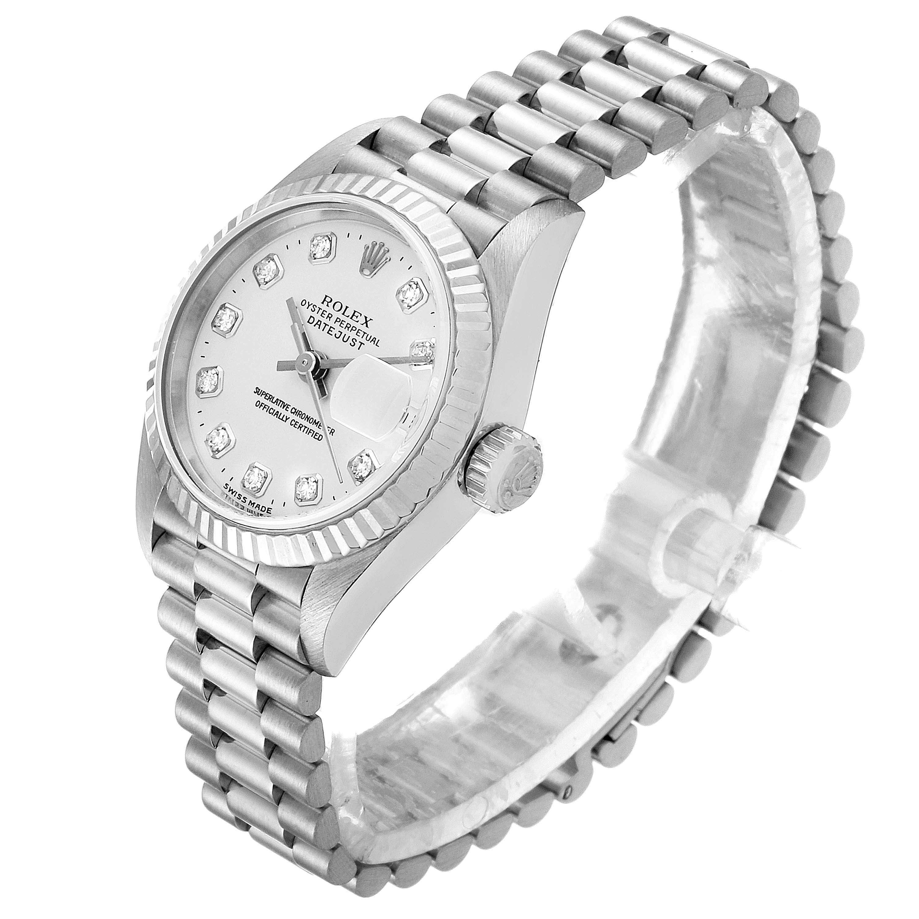 This image shows a Rolex President 79179 Women's White Gold Silver Dial 79179 Women's White Gold Silver Dial model watch angled to display the face, bezel, crown, and bracelet.