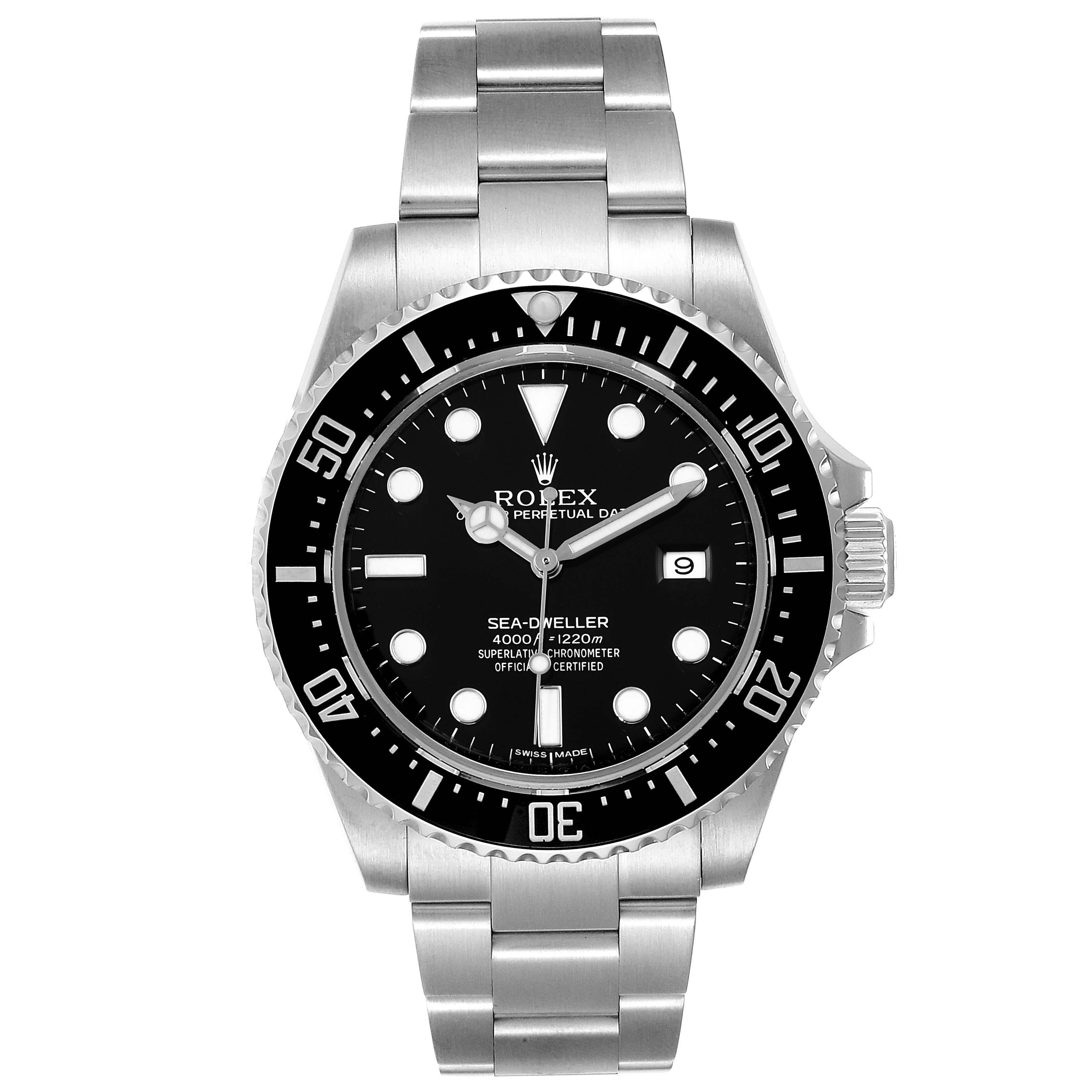 This image shows a front view of the Rolex Sea-Dweller 116600 Men
s Stainless Steel Black Dial 116600 Men
s Stainless Steel Black Dial watch, displaying the dial, bezel, and bracelet.