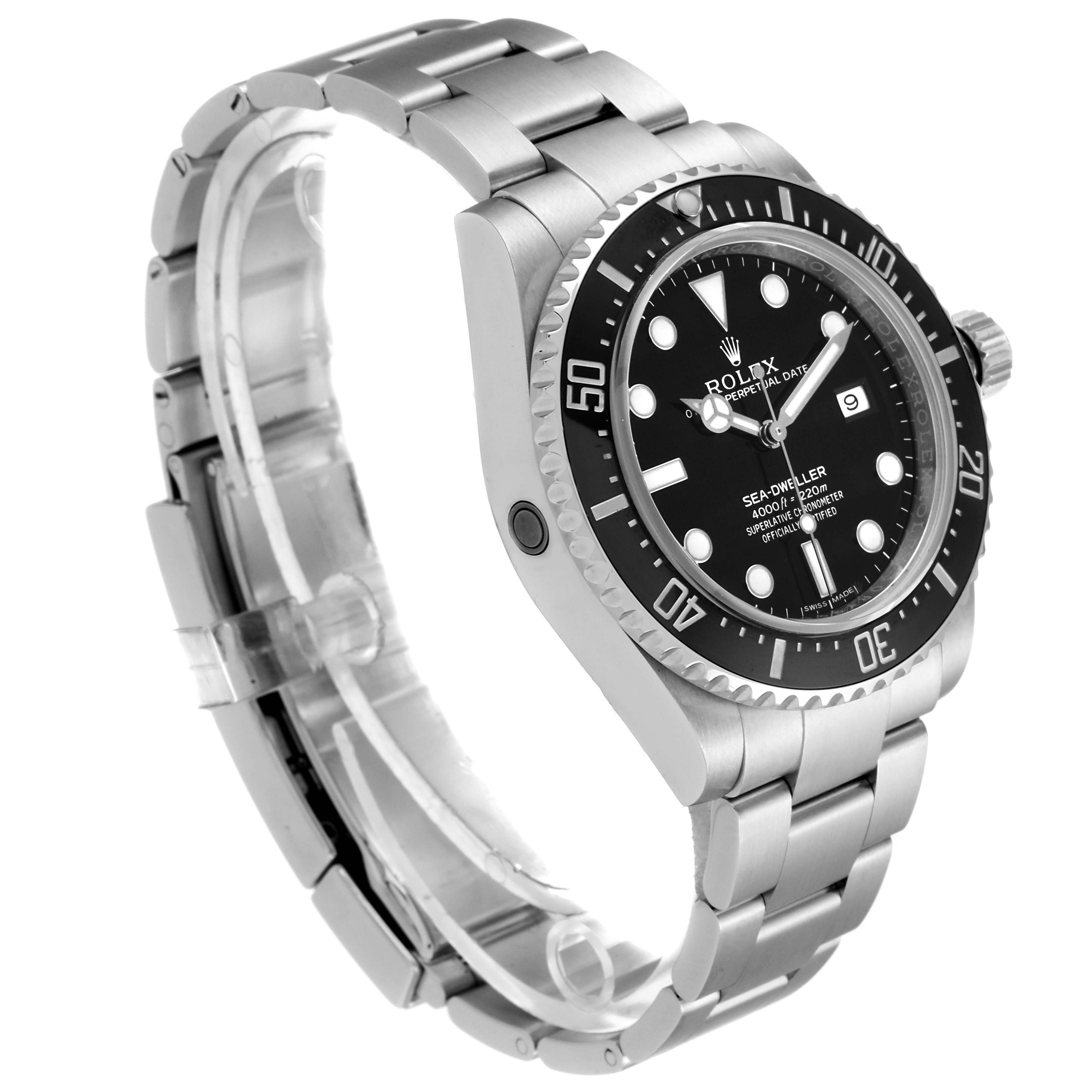 This image shows a side and front angle of the Rolex Sea-Dweller 116600 Men
s Stainless Steel Black Dial 116600 Men
s Stainless Steel Black Dial watch, highlighting the bezel, dial, and bracelet.