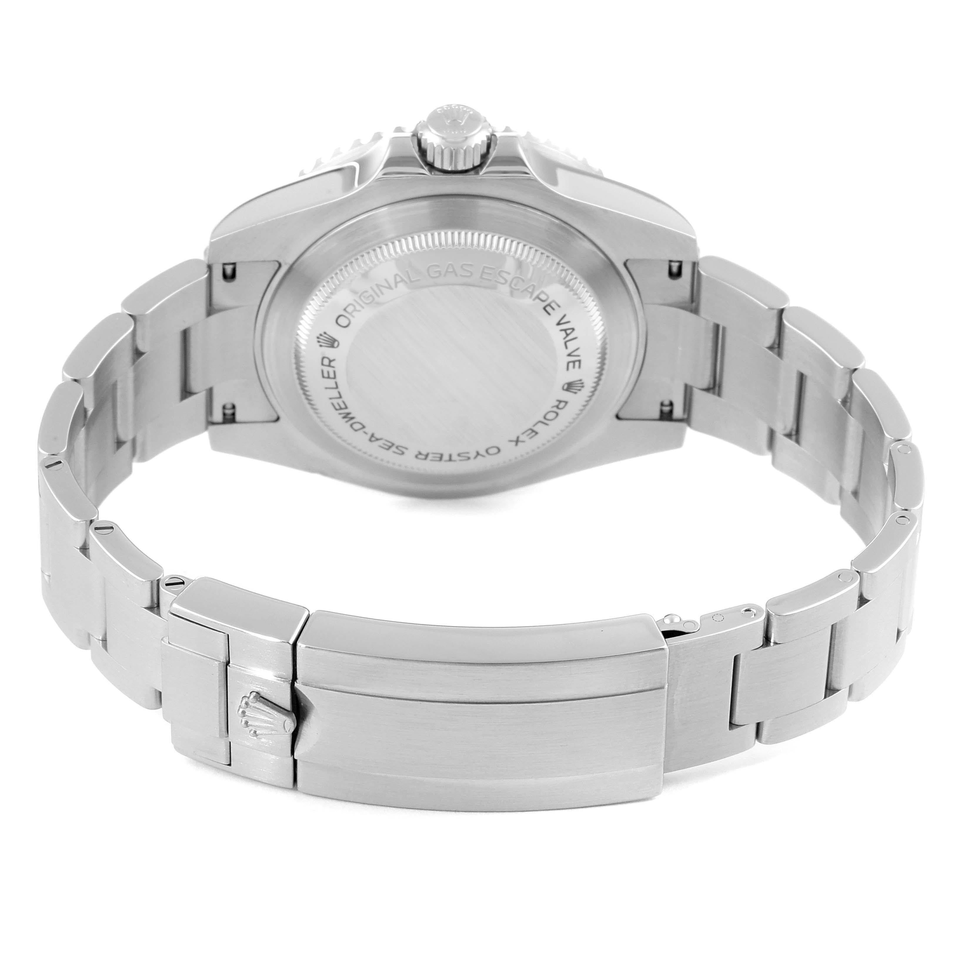 The image shows the back case and bracelet of a Rolex Sea-Dweller 116600 Men
s Stainless Steel Black Dial 116600 Men
s Stainless Steel Black Dial watch, highlighting the clasp and back engraving.
