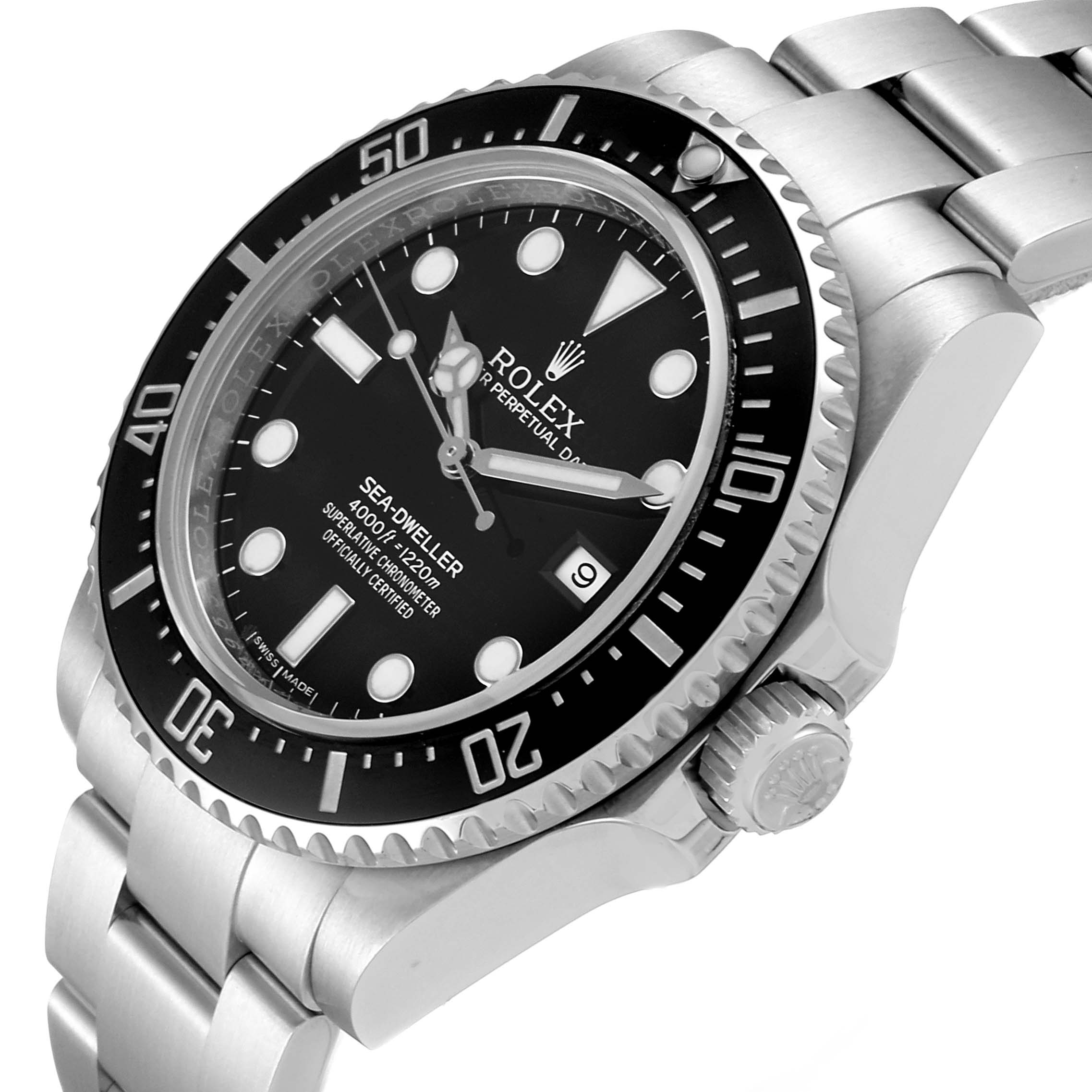 The image shows a close-up side angle of the Rolex Sea-Dweller 116600 Men
s Stainless Steel Black Dial 116600 Men
s Stainless Steel Black Dial watch, highlighting the crown, bezel, and part of the bracelet.