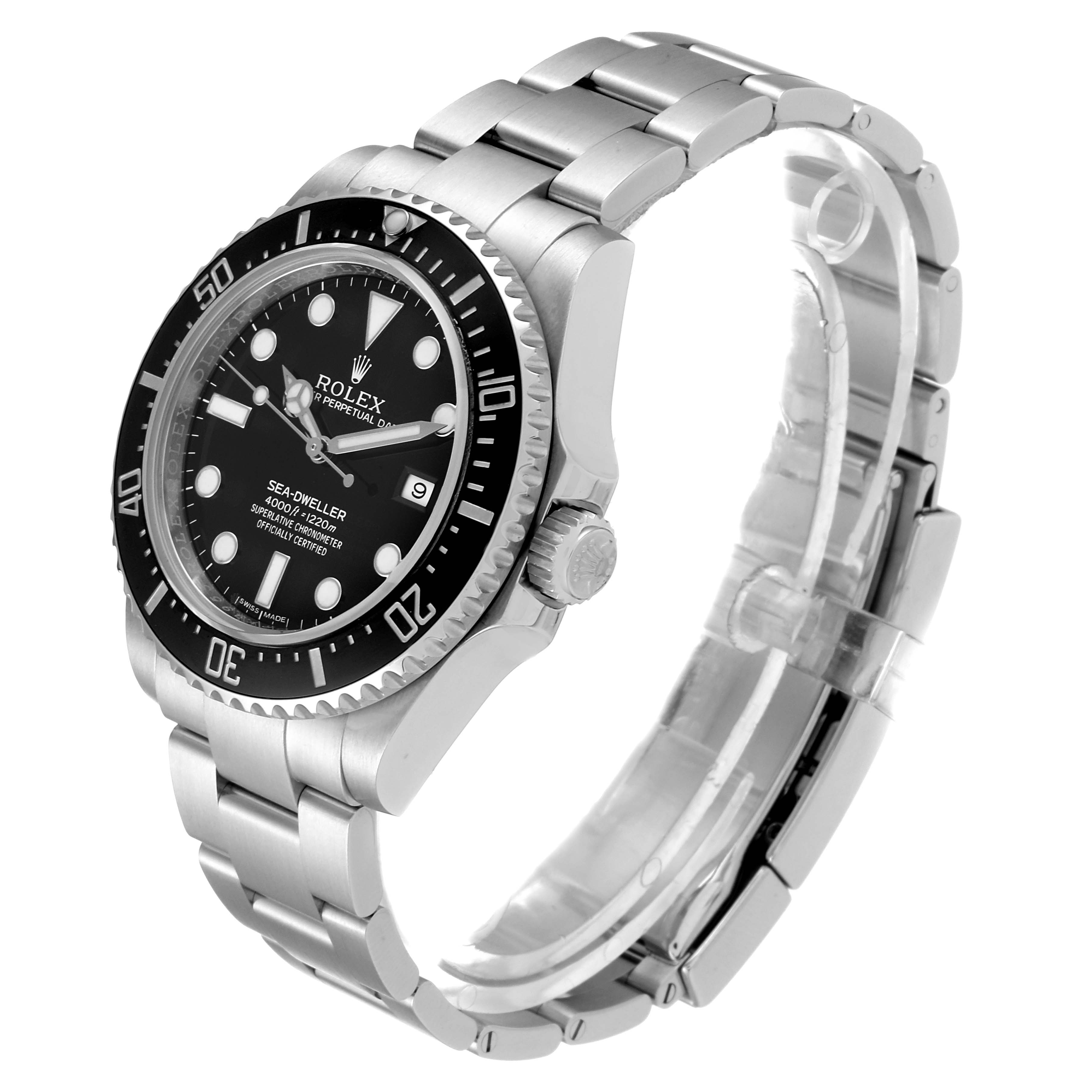 This image displays a Rolex Sea-Dweller 116600 Men
s Stainless Steel Black Dial 116600 Men
s Stainless Steel Black Dial watch from a three-quarter angle, showcasing the dial, bezel, and part of the bracelet.