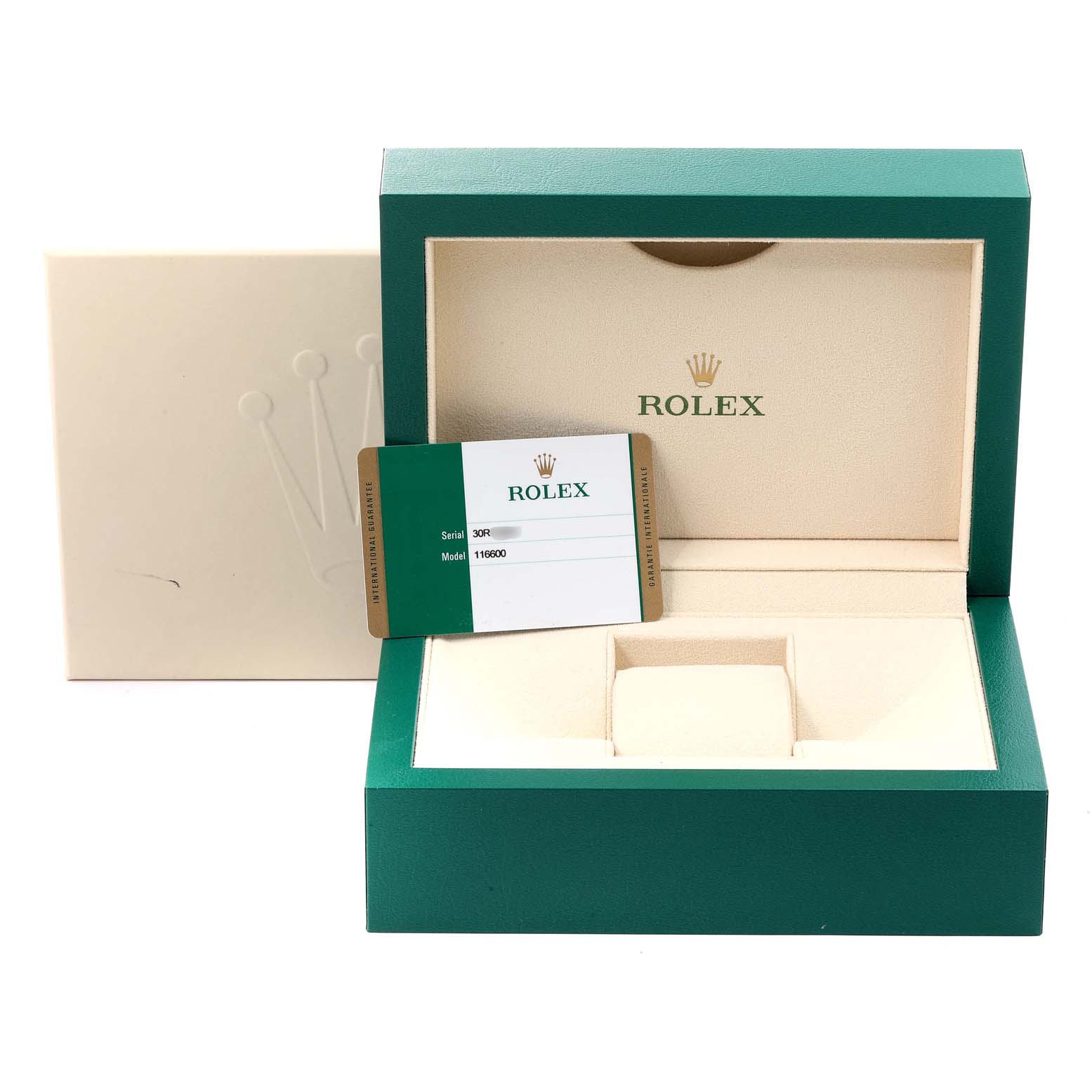 The image shows the open box, warranty card, and outer packaging for the Rolex Sea-Dweller 116600 Men
s Stainless Steel Black Dial 116600 Men
s Stainless Steel Black Dial watch.