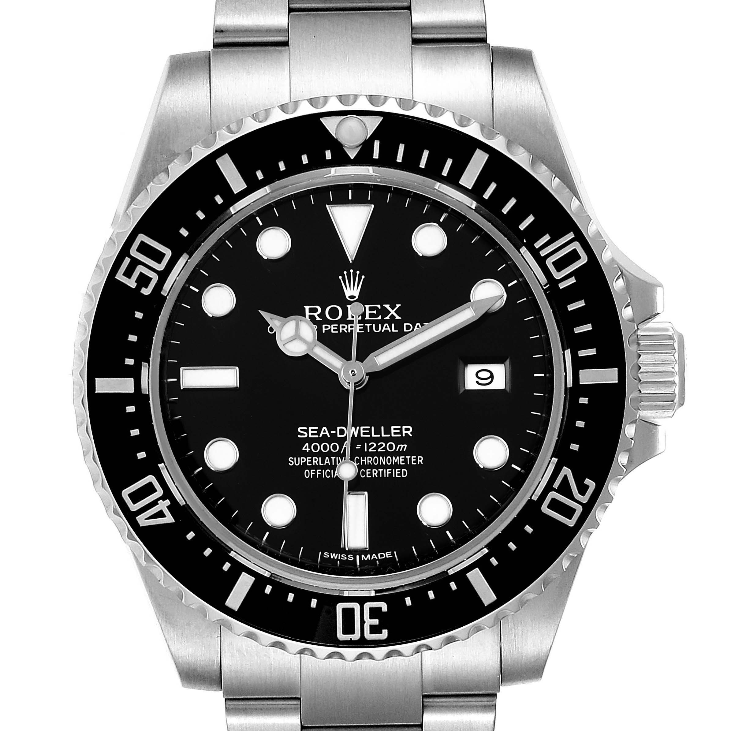 This image shows a frontal view of the Rolex Sea-Dweller 116600 Men
s Stainless Steel Black Dial 116600 Men
s Stainless Steel Black Dial watch, highlighting the dial, bezel, and part of the bracelet.