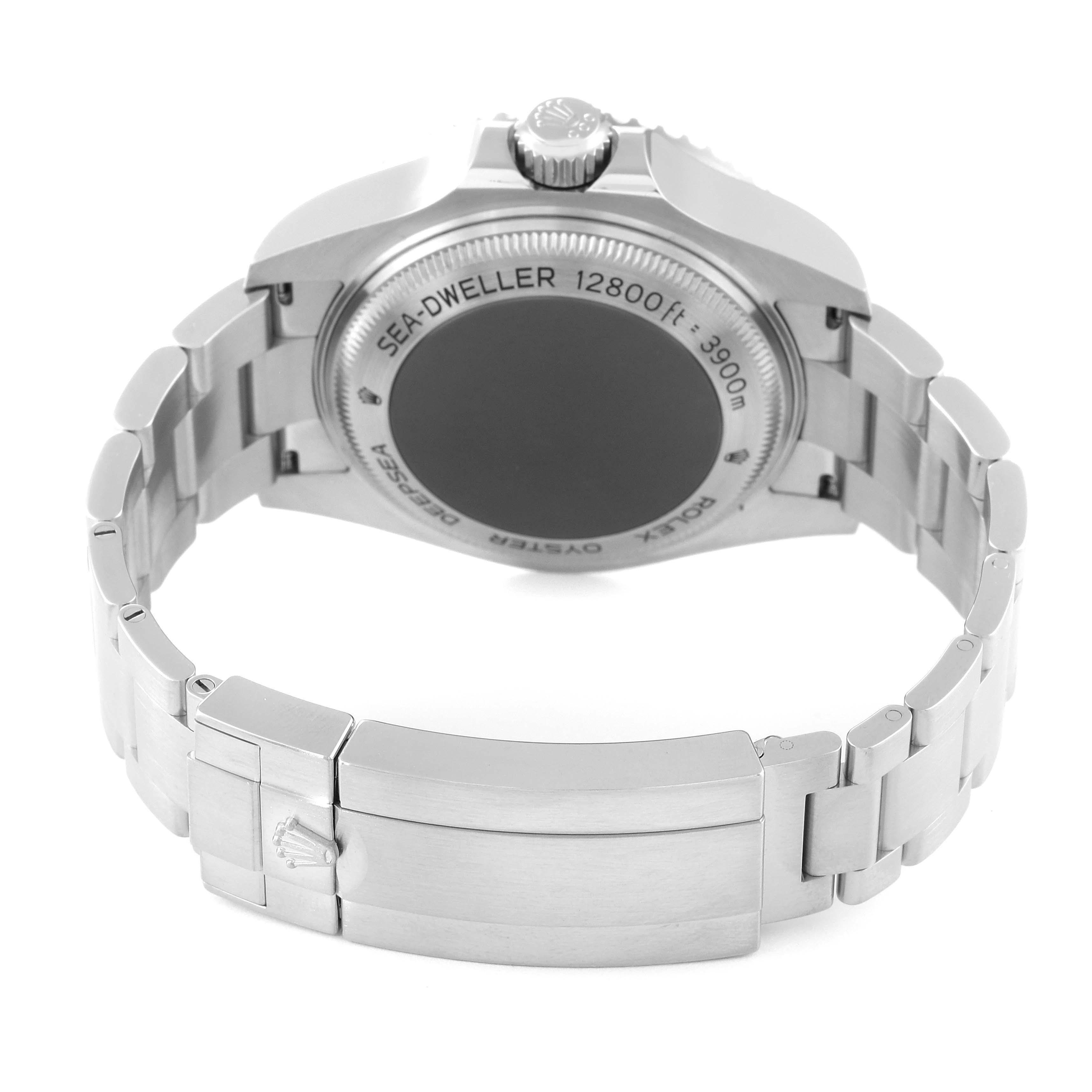 The image shows the back view of a Rolex Sea-Dweller 126660 Men
s Stainless Steel Black Dial 126660 Men
s Stainless Steel Black Dial watch, highlighting its bracelet, clasp, and case back.
