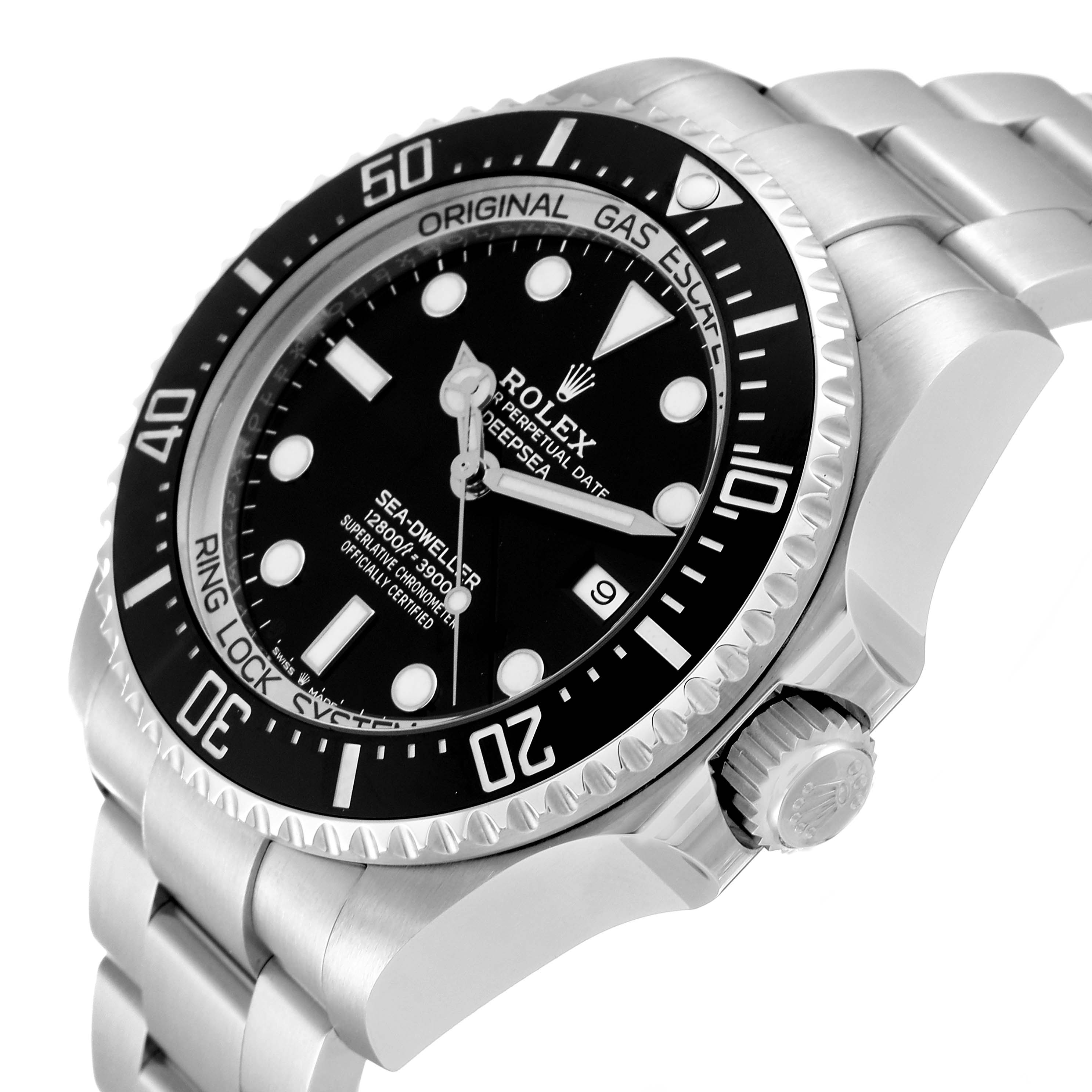 The image shows a Rolex Sea-Dweller 126660 Men
s Stainless Steel Black Dial 126660 Men
s Stainless Steel Black Dial watch from an angled side view, highlighting the dial, bezel, and bracelet.