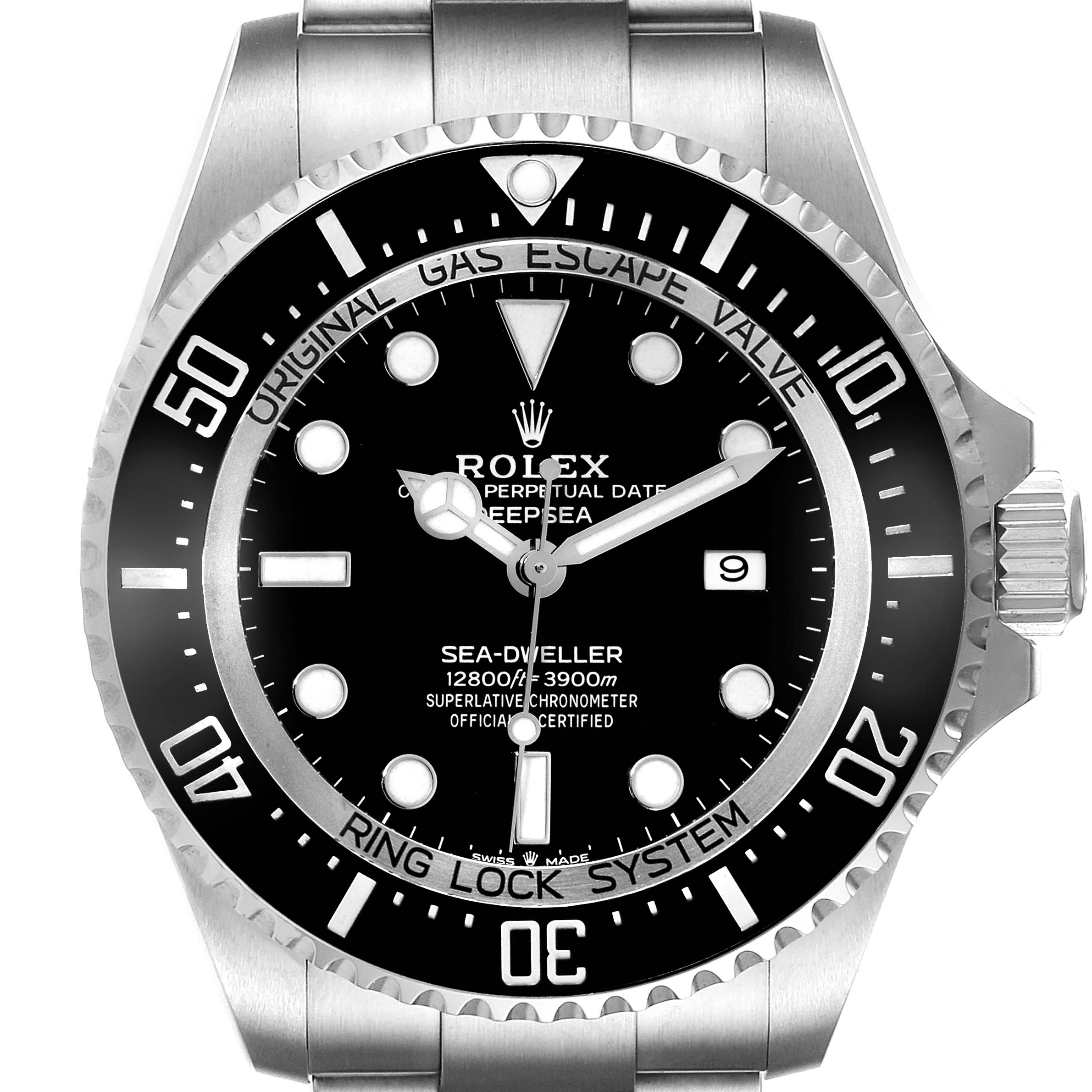 The image shows a front view of a Rolex Sea-Dweller 126660 Men
s Stainless Steel Black Dial 126660 Men
s Stainless Steel Black Dial watch, highlighting its dial, bezel, and crown.