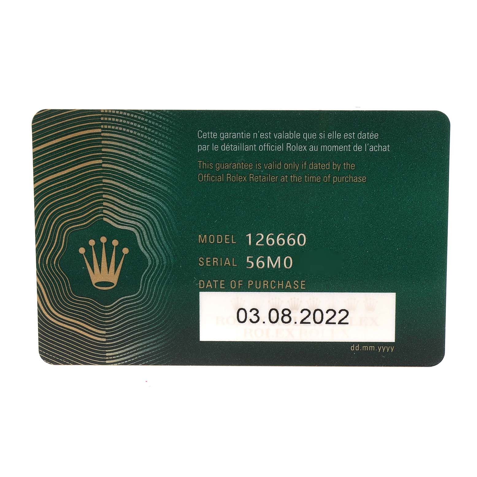This image shows a warranty card for the Rolex Sea-Dweller 126660 Men
s Stainless Steel Black Dial 126660 Men
s Stainless Steel Black Dial model 126660 with the purchase date 03.08.2022.