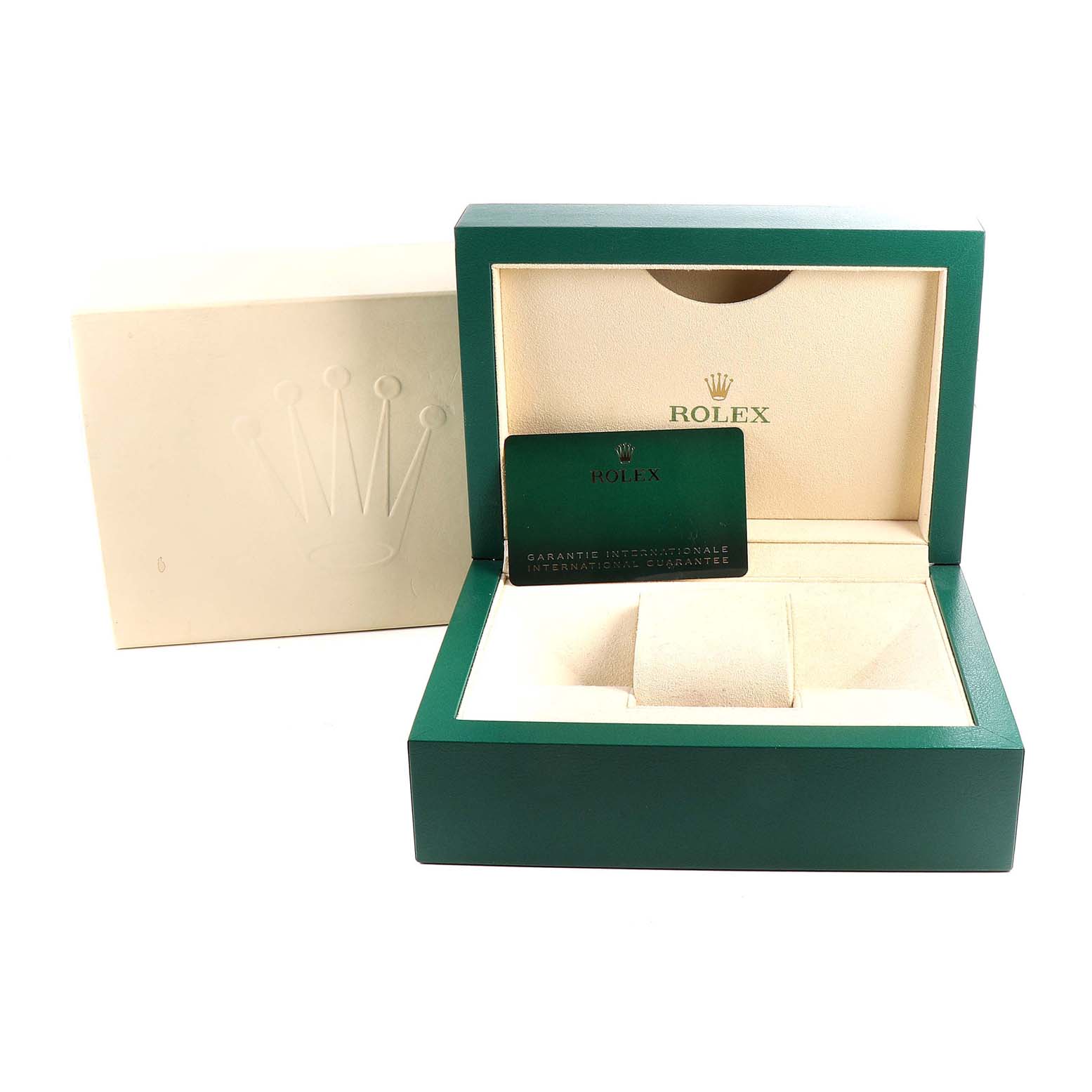 The image shows an open Rolex watch box and warranty card designed for the Sea-Dweller model.