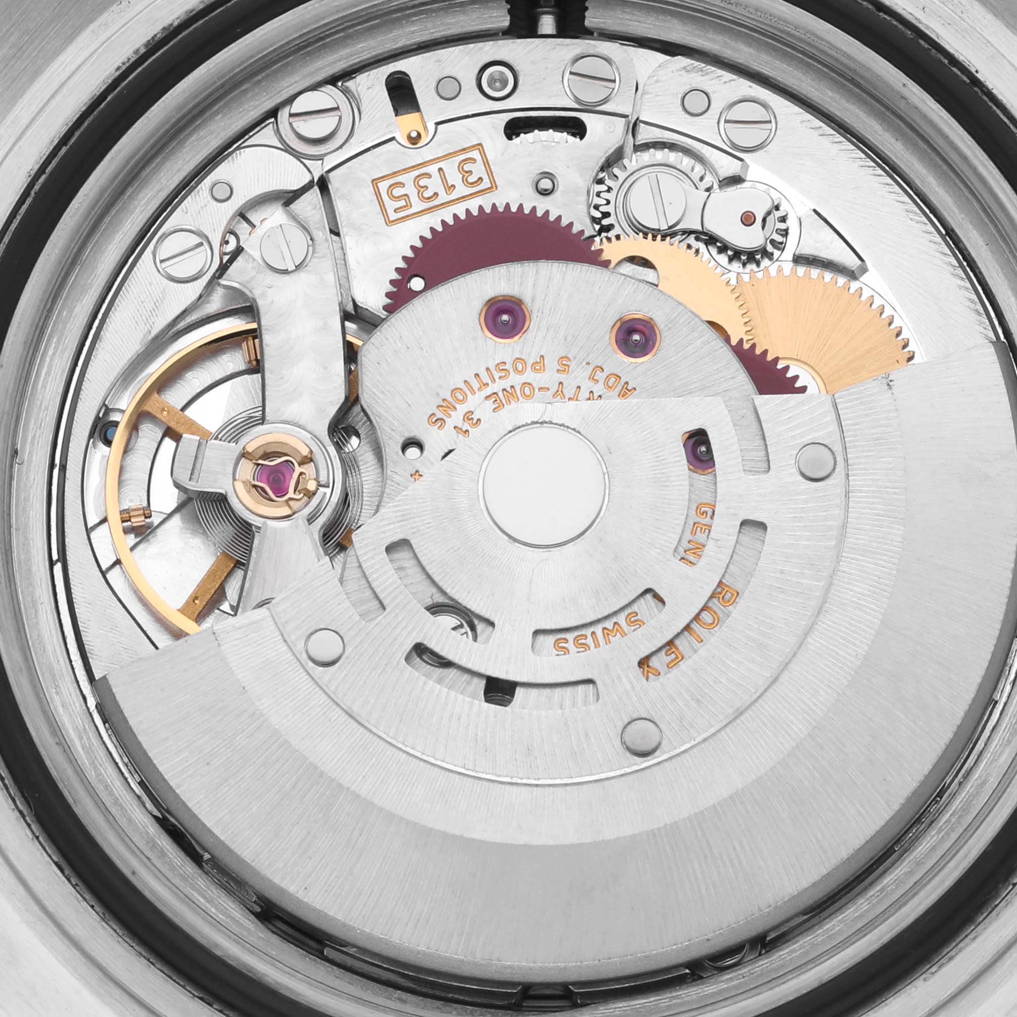 The image shows the detailed internal mechanism of a Rolex Submariner 16613 Men's Steel and Gold (two tone) Blue Dial 16613 Men's Steel and Gold (two tone) Blue Dial watch, highlighting gears and the rotor.